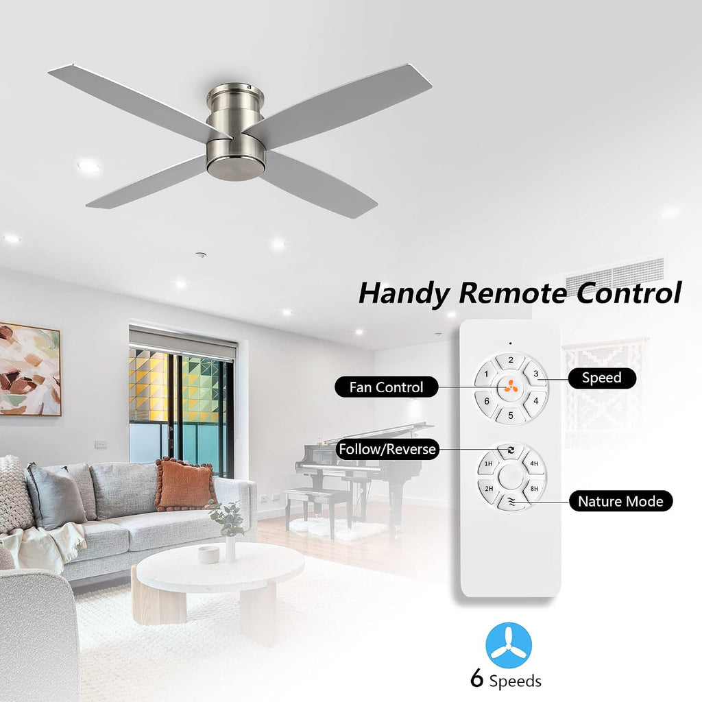 WINGBO 52' Flush Mount DC Ceiling Fan without Lights, 4 Reversible Blades, Ultra Quiet 6-Speed DC Motor, Hugger Low Profile Indoor Ceiling Fan No Lights, Brushed Nickel Finish