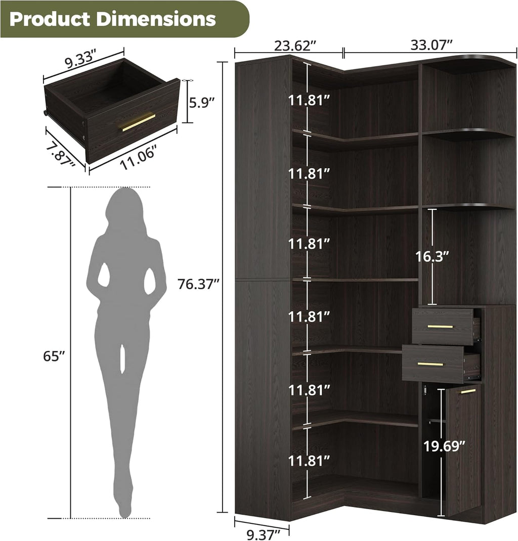 IRONCK Corner Bookshelf, 76' Tall Corner Bookshelves, 6 Tiers L-Shaped Bookcase with 10 Open Shelves and 2 Storage Drawers for Living Room or Home Office, Dark Brown