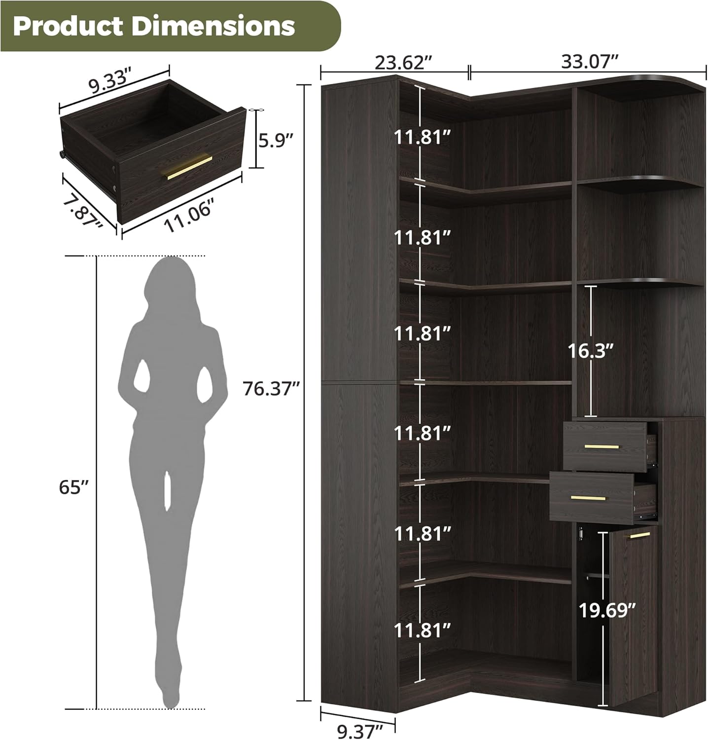 IRONCK Corner Bookshelf, 76' Tall Corner Bookshelves, 6 Tiers L-Shaped Bookcase with 10 Open Shelves and 2 Storage Drawers for Living Room or Home Office, Dark Brown