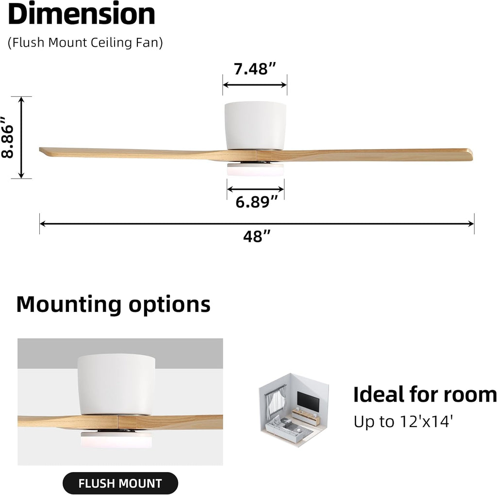 WINGBO 48 Inch Flush Mount DC Ceiling Fan, 3CCT Dimmable Light, 3 Carved Wood Blades, 6-Speed Noiseless Reversible DC Motor, Hugger Low Profile Fan, Gloss White Finish with Oak Blades, ETL Listed