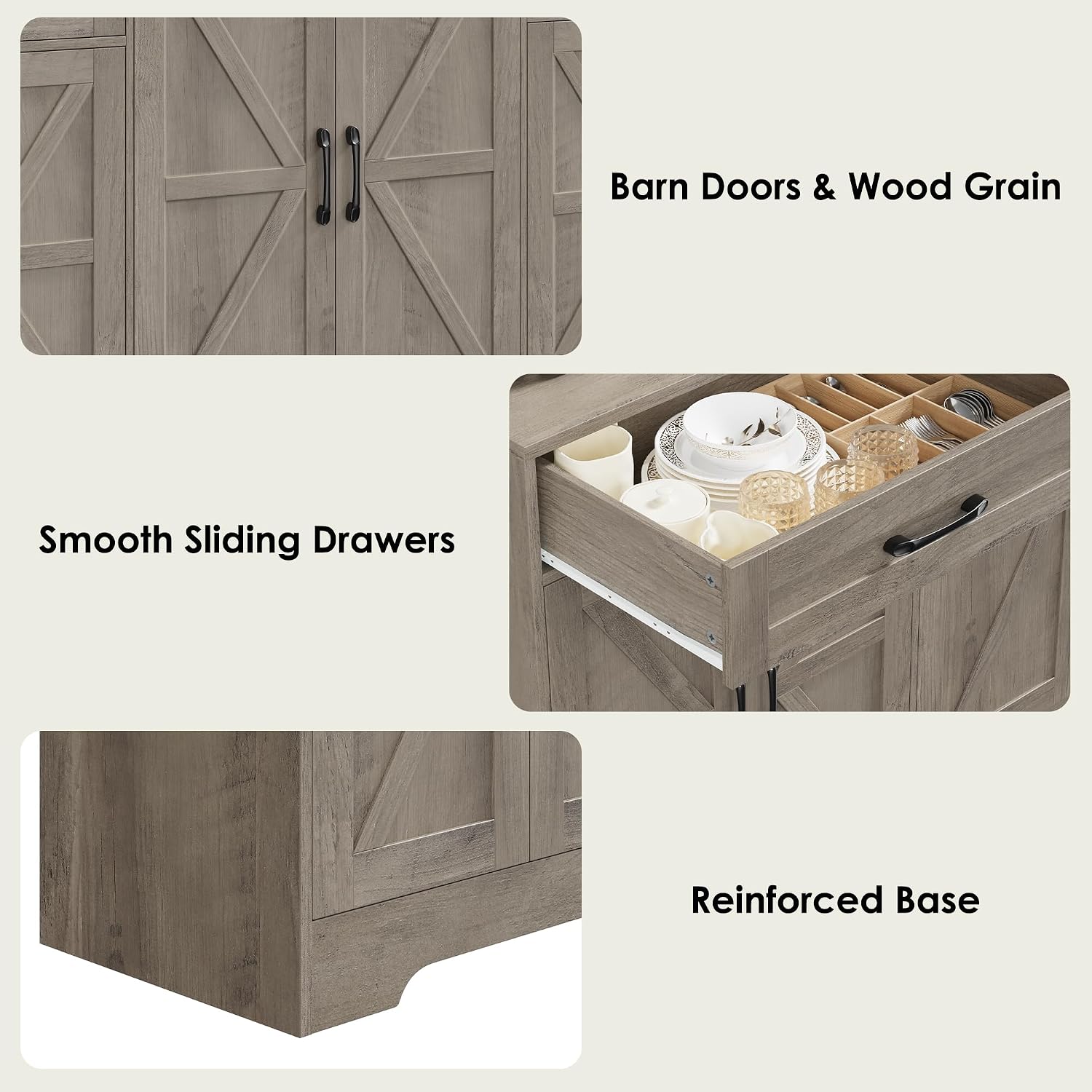 BOTLOG 71' Large Sideboard Buffet Cabinet with Storage, Farmhouse Kitchen Buffet Cabinet with Adjustable Shelves and 6 Barn Doors, Wood Coffee Wine Bar Console Table, White, Ash Grey (Ash Grey)