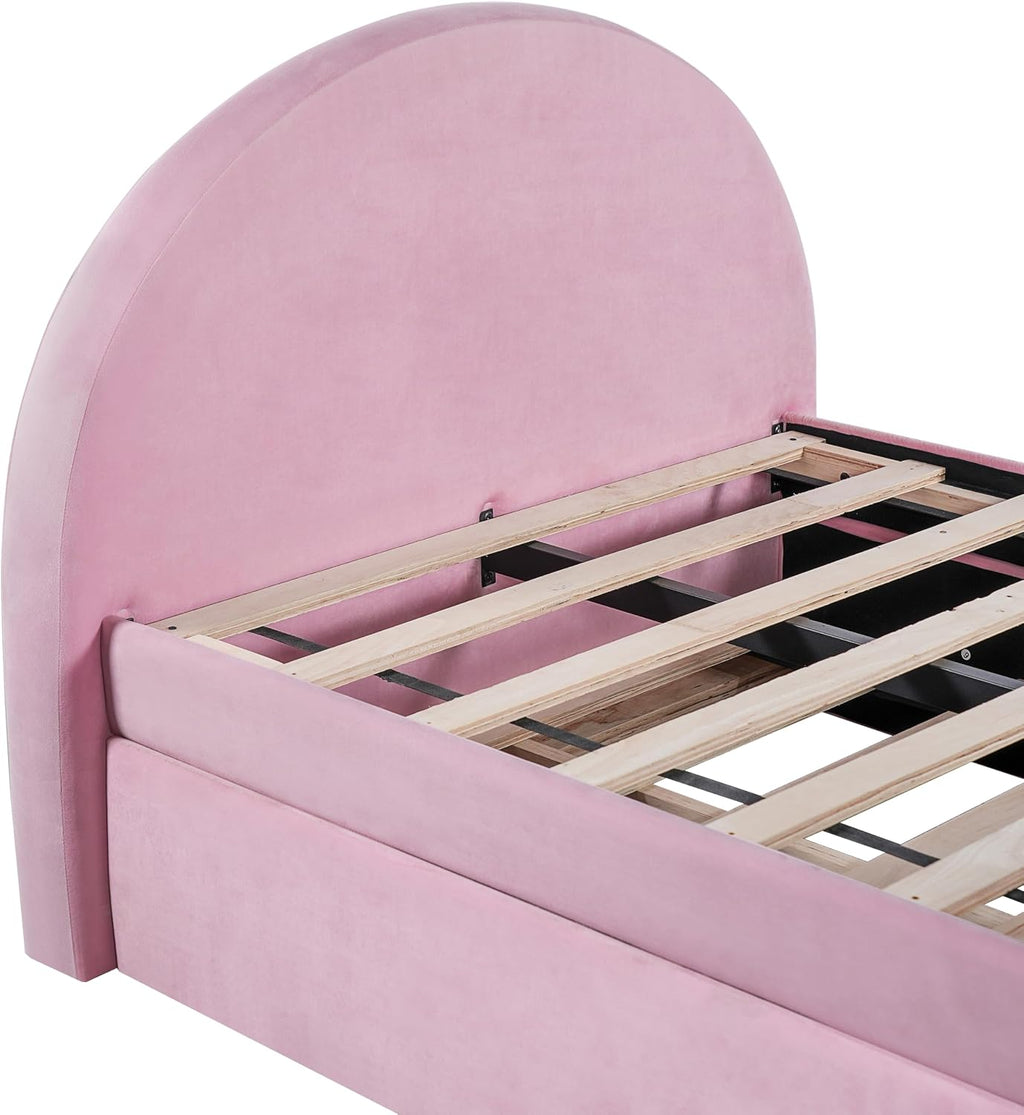 Christopher Knight Home Leonhart Velvet Upholstered Twin Size Bed Frames with Headboard/Footboard, Day Bed Frame Twin with Pull-Out Functionality, Iron Frame + Wooden Slat Trundle Bed Twin, Pink