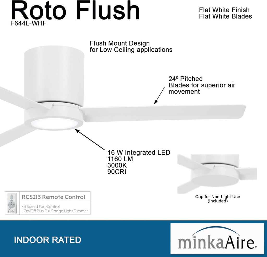 MINKA-AIRE Roto Flush 52' Hugger LED Ceiling Fan F644L-WHF - Flat White