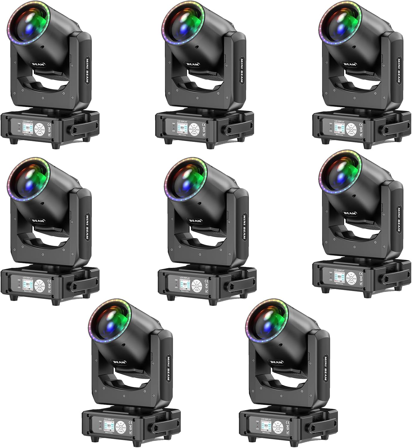 8-Pack 230W 7R Moving Head Lights,48-Facet Prism 14Gobos 14 Colors,Wash/Beam/Frost/Rainbow, 18CH DMX512 Sound Activated