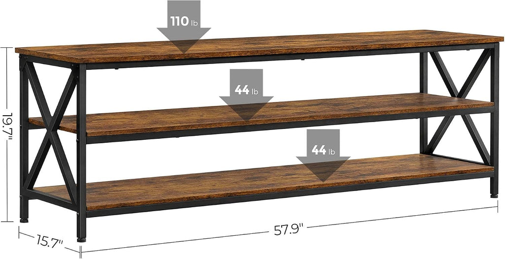 VASAGLE TV Table for up to 65 Inches TVs, Media TV Console with Shelves, Farmhouse Industrial, TV Stand for Living Room, 57.9 x 15.7 x 19.7 Inches, Rustic Brown and Black ULTV100B01