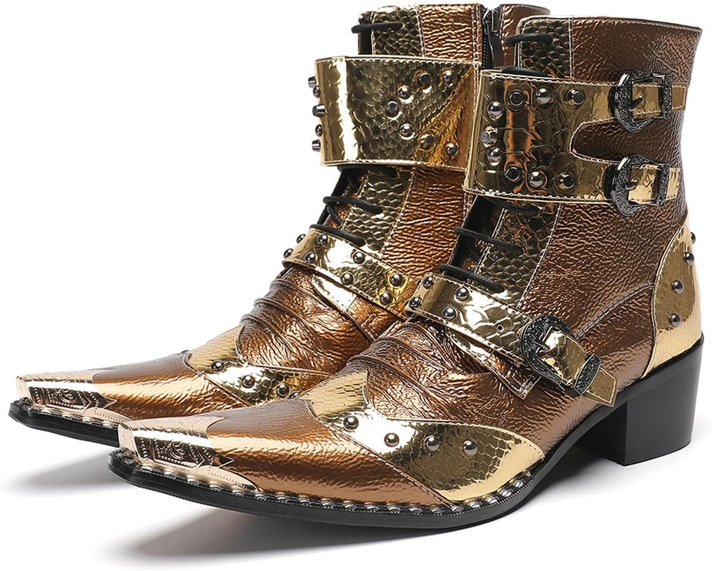 Santimon Men's Genuine Leather Cowboy Boots - Western Dress Boots with Metal Toe & Buckles | Mid-Calf Party, Rock & Motorcycle Boots