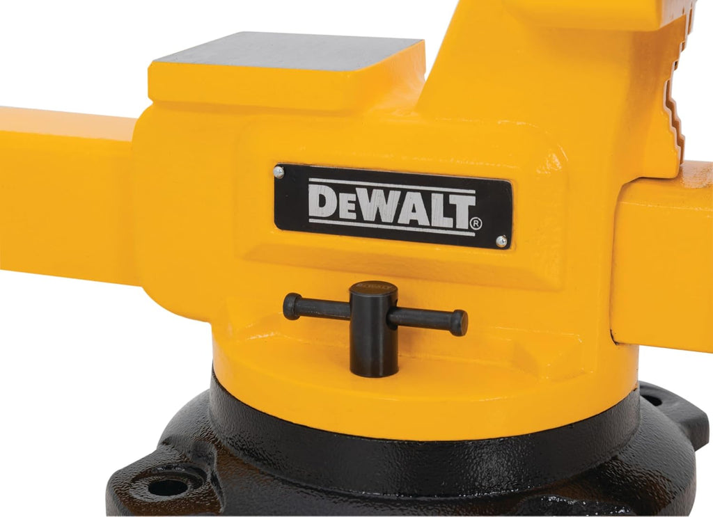 DEWALT 6-inch Jaw Width Heavy Duty Bench Vise, 6-inch Jaw Opening, 3.75-inch Throat, 360-Degree Locking Swivel Base with Anvil, Built-In Pipe Jaws
