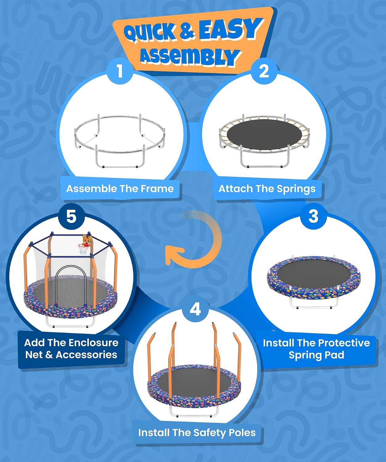 Mersco 55' Trampoline for Kids, 440lbs Capacity Indoor & Outdoor Toddler Kids Trampoline with Basketball Hoop, Safety Enclosure, Birthday Gifts for Boy and Girl, Age 1-8