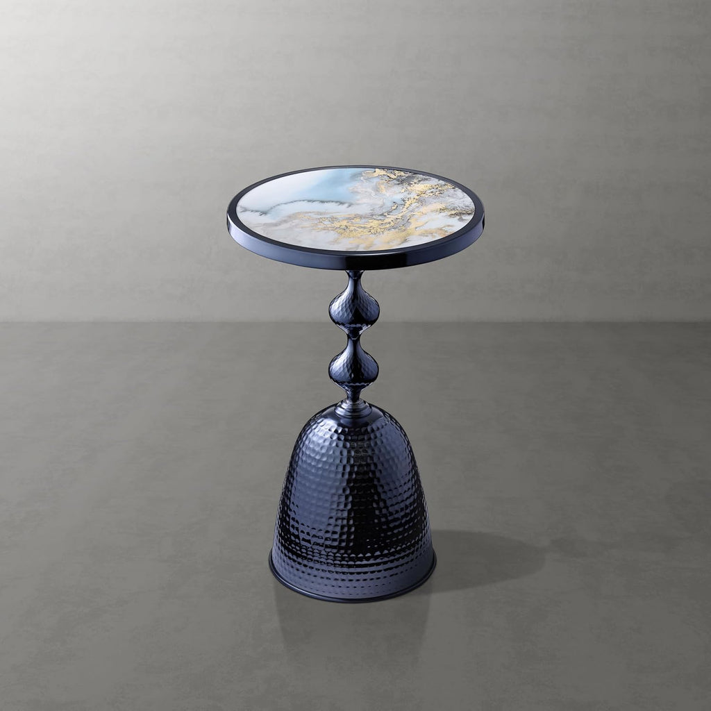 Homes: Inside + Out Halric Modern 25' Tall Round End Table with Decorated Tabletop and Iron Metal Base, Accent Furniture, Elegant Pedestal Stand for Living Room, Home Office, Chrome Blue