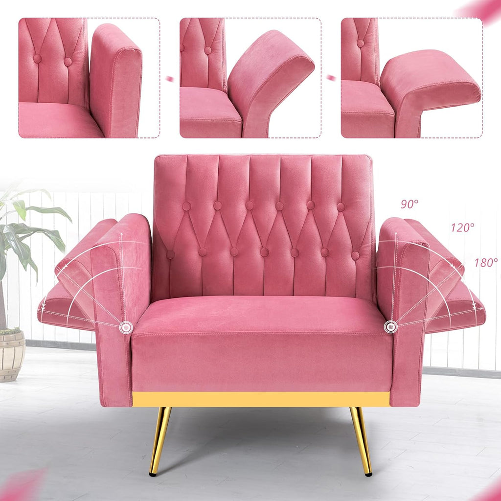 Velvet Accent Chair with Adjustable Armrests and Backrest, Button Tufted Lounge Chair, Single Recliner Armchair with Ottoman and Pillow for Living Room, Bedroom, Pink