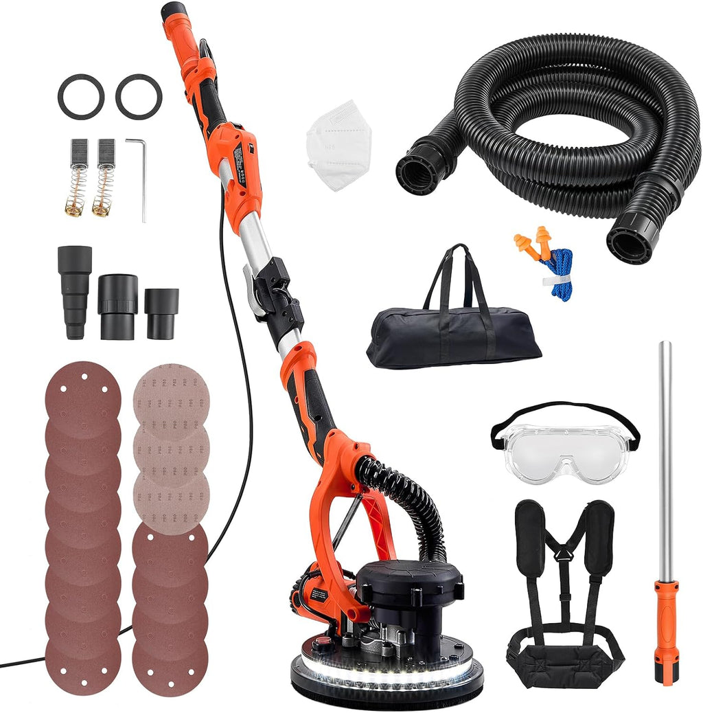 VEVOR Drywall Sander, 1150W Electric Drywall Sander, Popcorn Ceiling Removal Tool with Vacuum Dust Collection, 5 Variable Speed 800-1700 RPM, LED Light, Foldable & Extendable Handle, 15 Sanding Discs