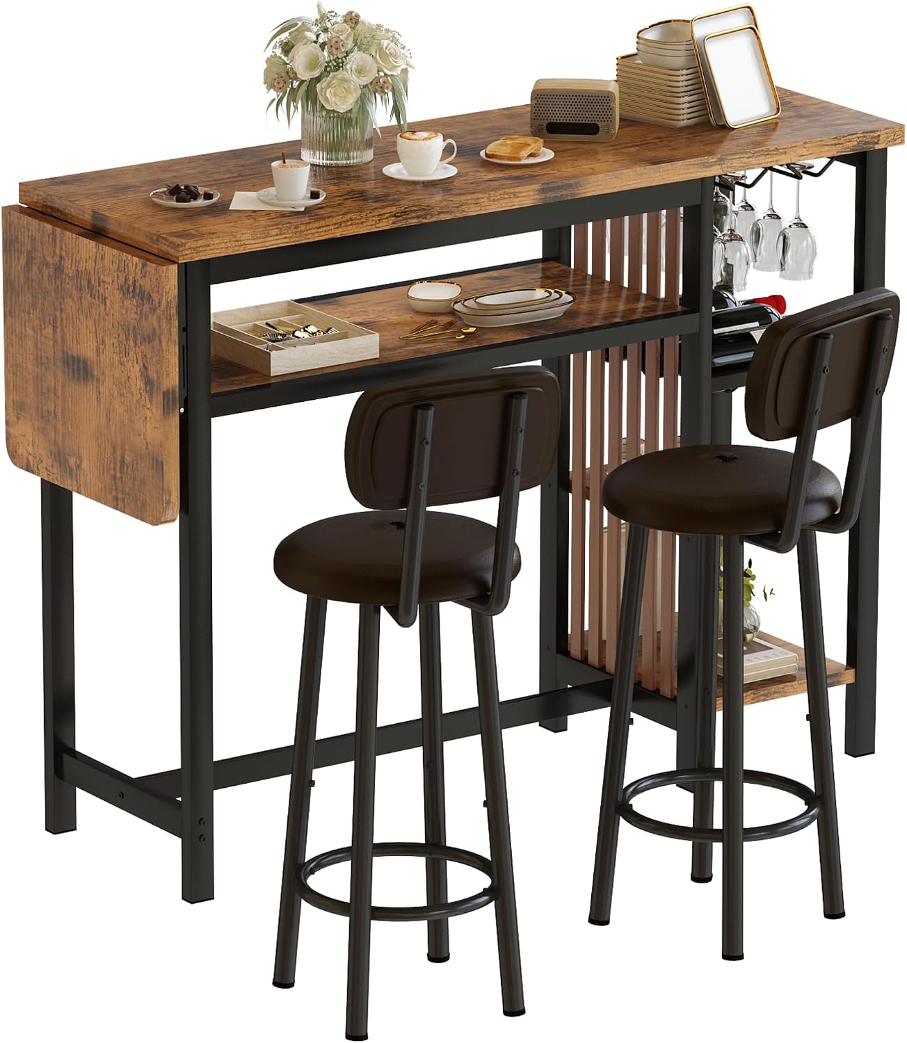 Recaceik Bar Dining Table Set, 59' Expandable Kitchen Counter Height Dining Table Set with Storage Shelves, Cup Holder & Wine Rack, PU Upholstered Stools Bar Table Set with Backrest for Kitchen