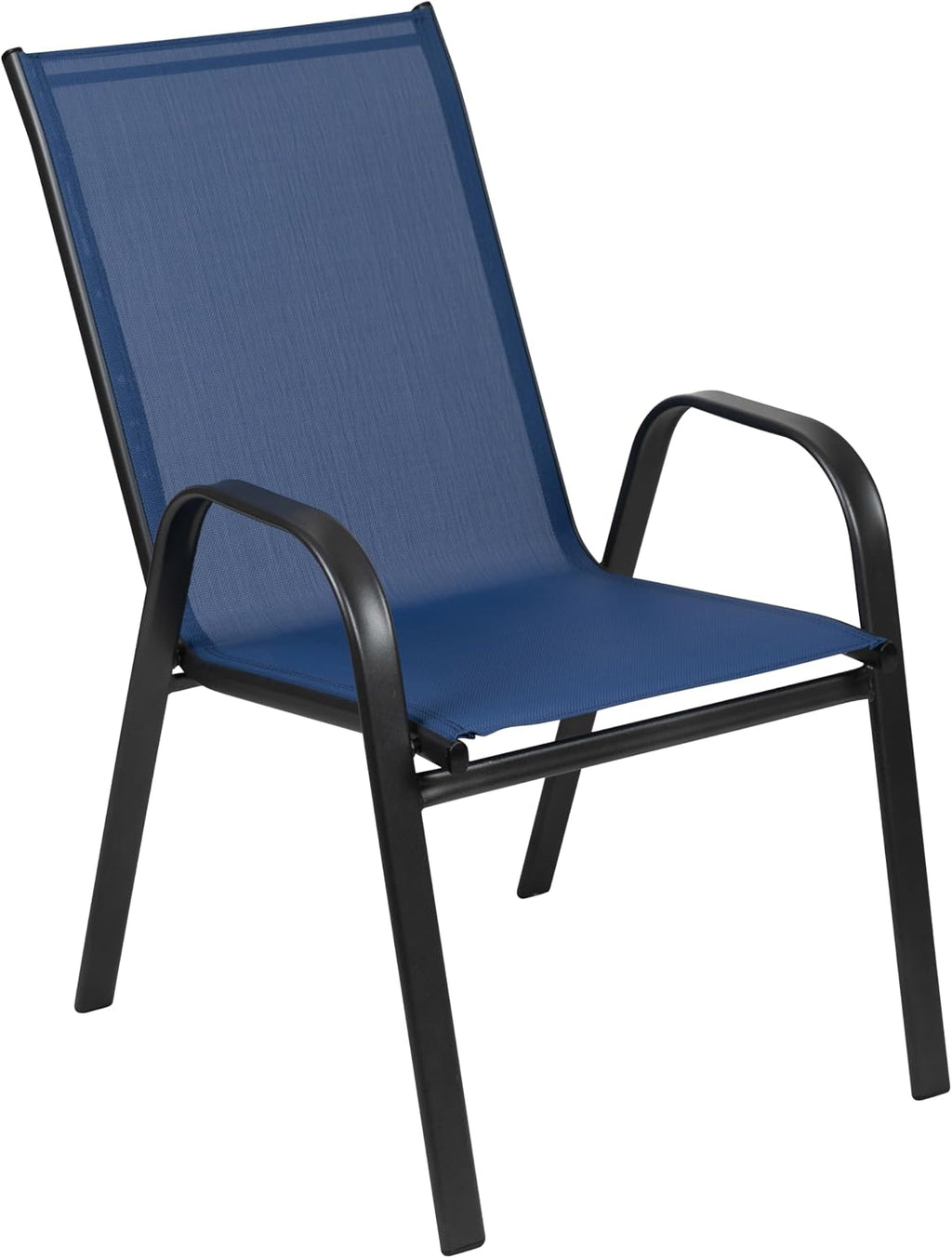 Flash Furniture Brazos Commercial Outdoor Dining Set, 60' Tempered Glass Patio Table with Umbrella Hole, 6 Stack Chairs with Flex Comfort Seats and Backs, Navy/Black