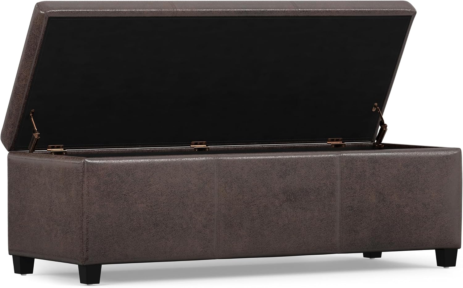 SIMPLIHOME Avalon Storage Ottoman Bench - 48' Wide x 16' High Upholstered Vegan Leather Rectangular Lift-Top Ottoman in Distressed Brown, Contemporary Bench for Living Room with High-Density Foam