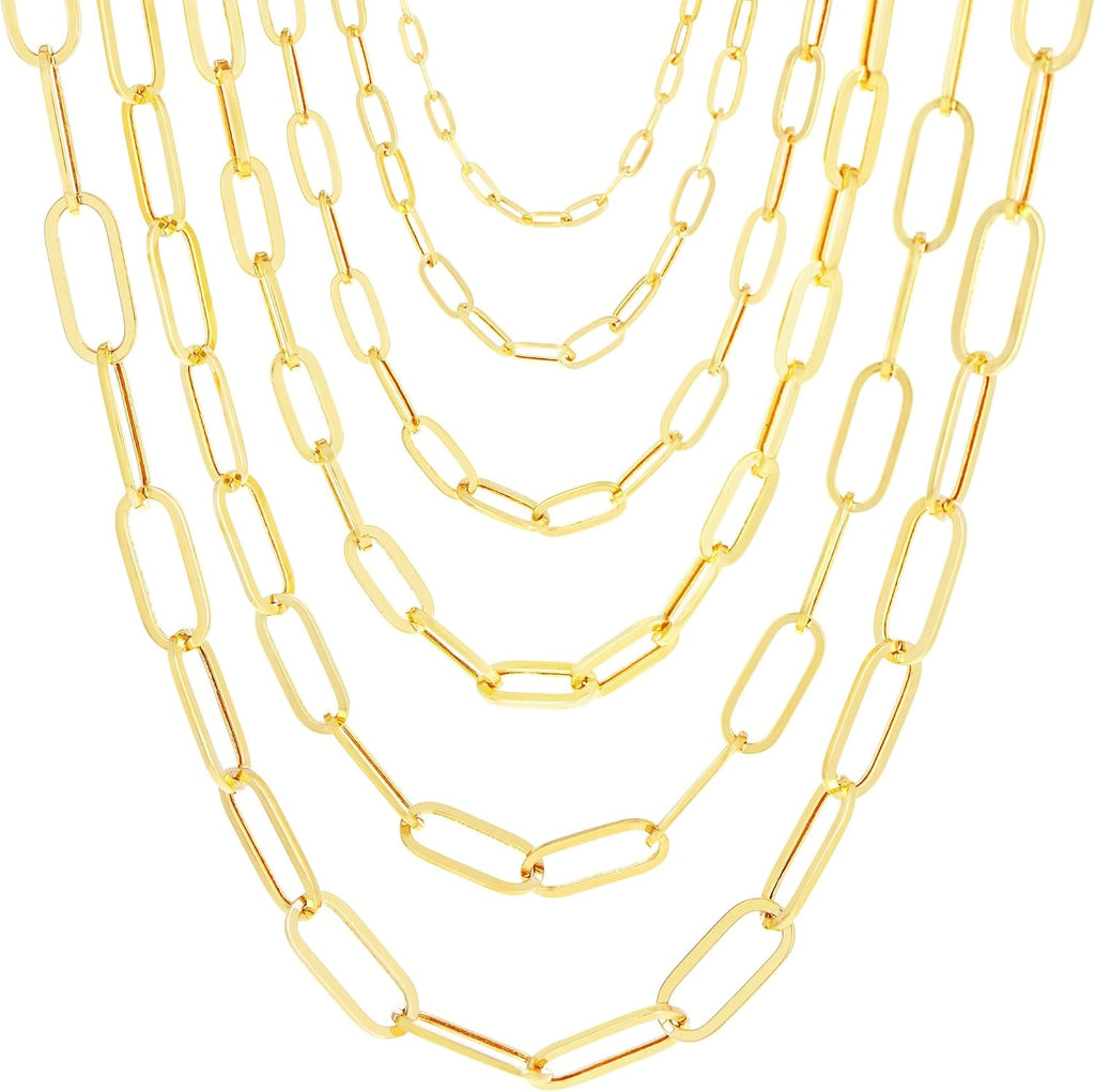 Nuragold 14K Real Yellow Gold Paperclip Chain Elongated Cable Link Necklace 16'-24' (2mm-7mm) Italian Jewelry for Men & Women
