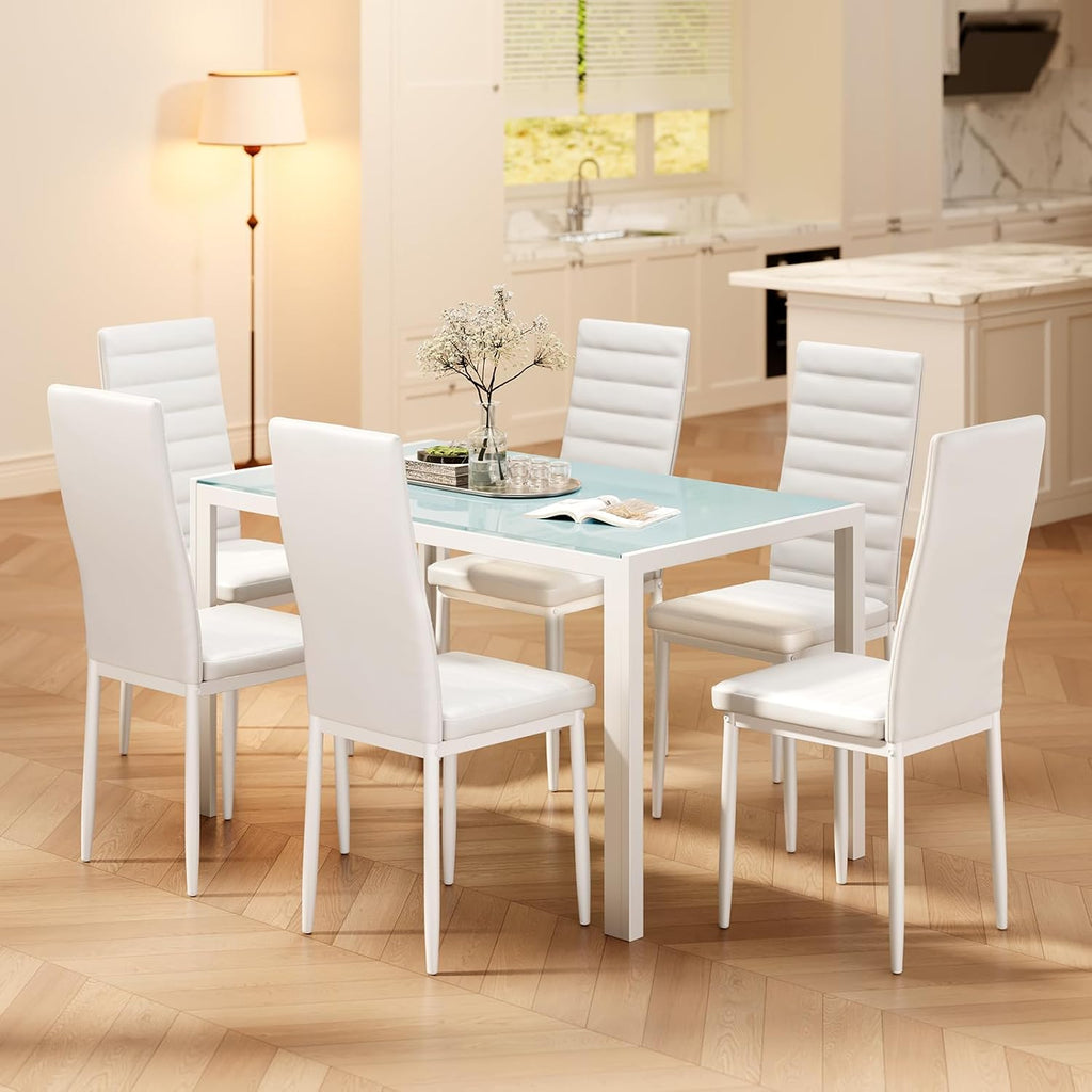 Bealife Kitchen Dining Table Set for 6, Tempered Glass 7 Piece Table and Chairs Set Modern for Home, Kitchen, Living Room, Dining Room, White