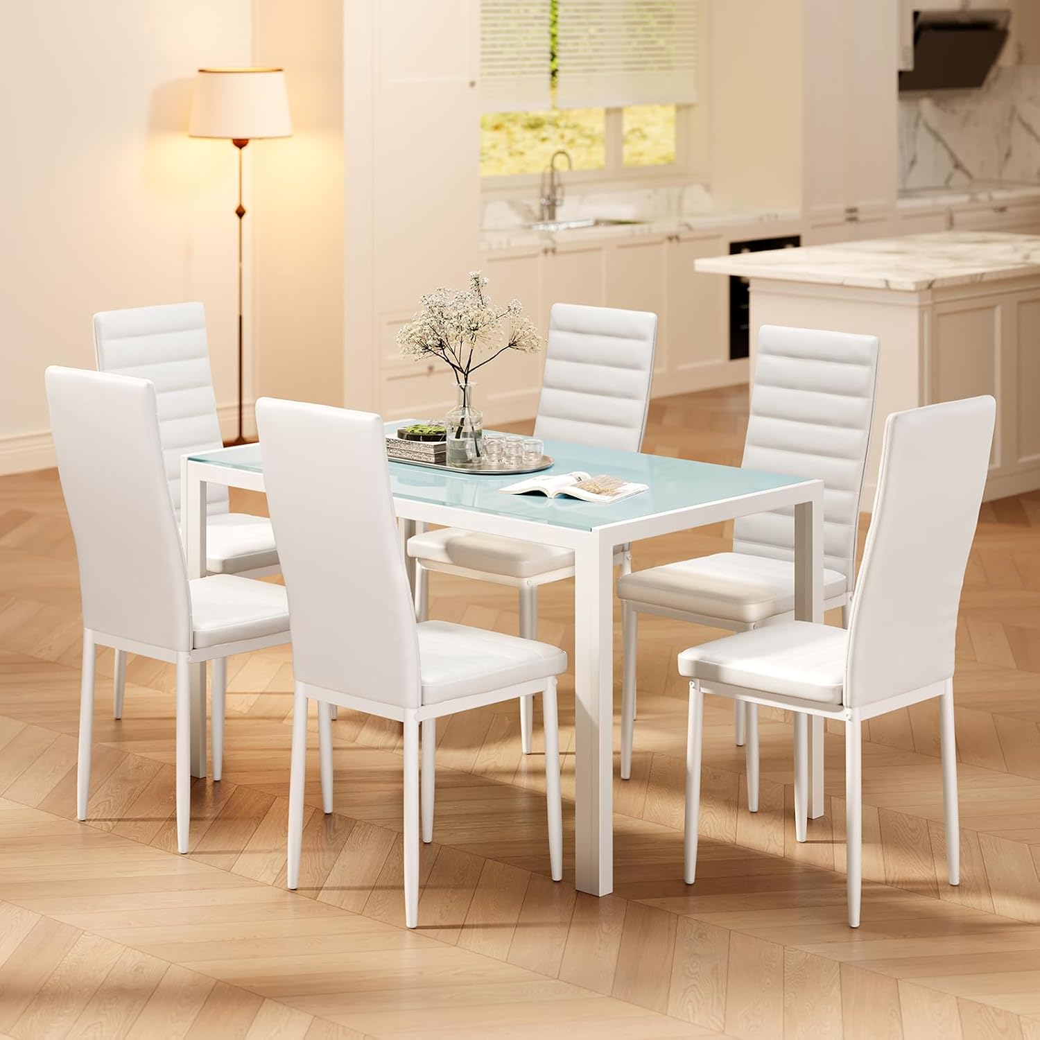 Bealife Kitchen Dining Table Set for 6, Tempered Glass 7 Piece Table and Chairs Set Modern for Home, Kitchen, Living Room, Dining Room, White