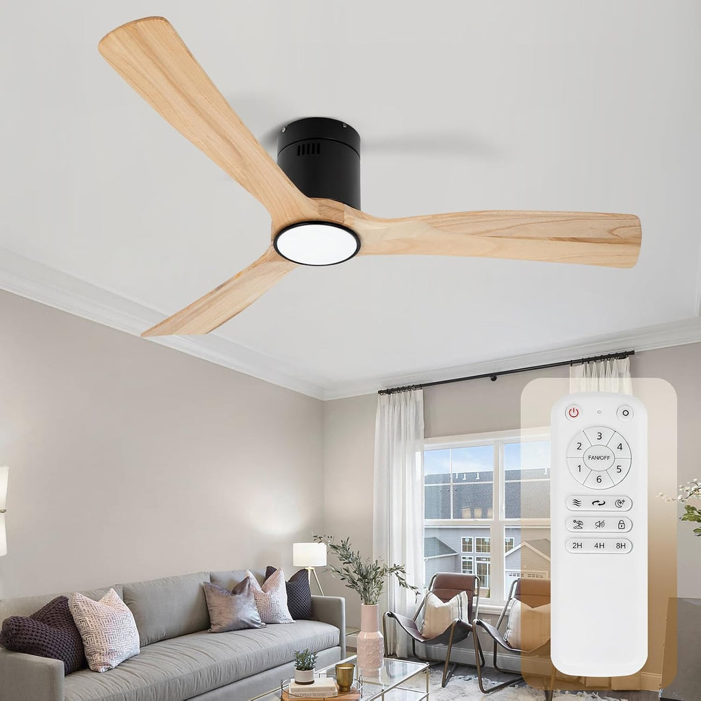 52inch Ceiling Fan with Lights,Flush Mount Wood Ceiling Fans with Remote Control,Dimmable Light,Noiseless DC Motor,Ceiling Fan for Bedroom,Living Room,Office,Indoor