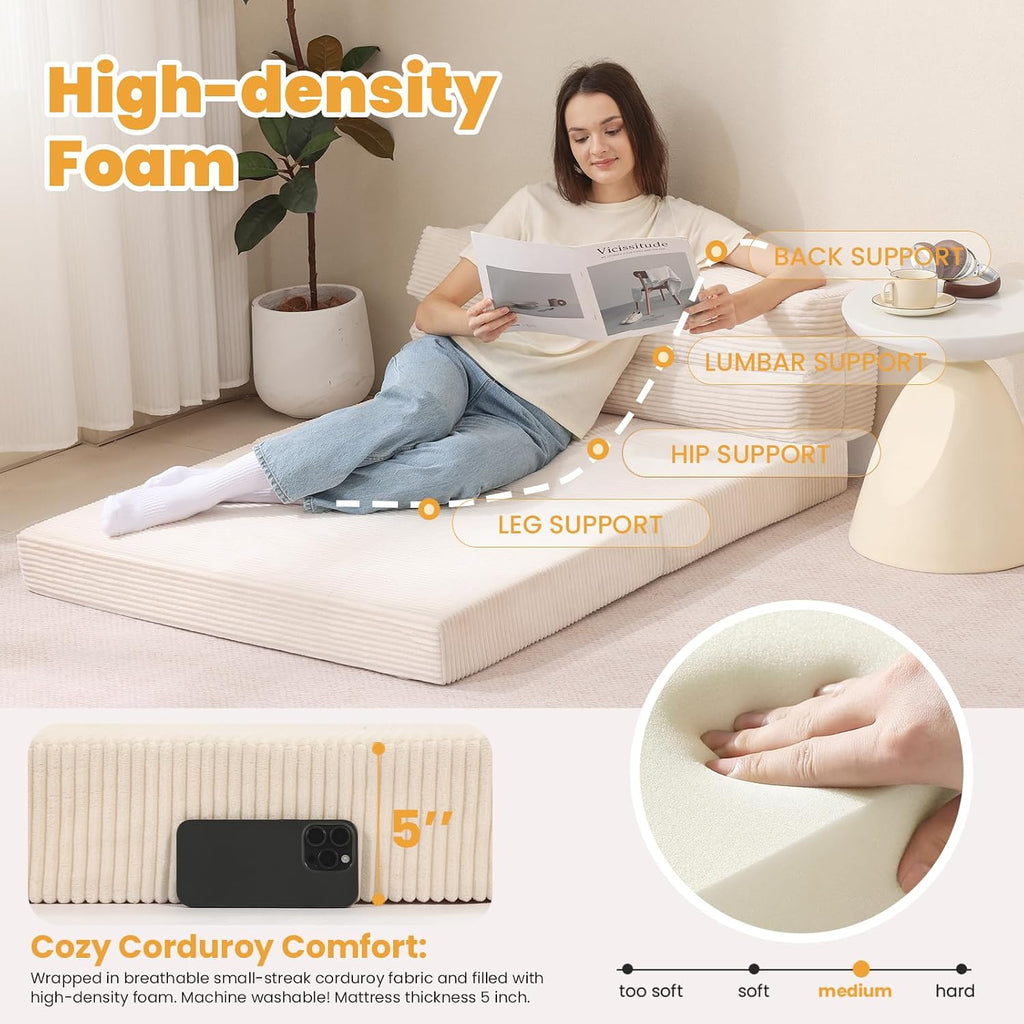 Folding Mattress Full, 3 in 1 Convertible Sofa Bed Foldable Couch Bed Floor Couch Lounge Sleeper Mattress for Living Room, Guest Room