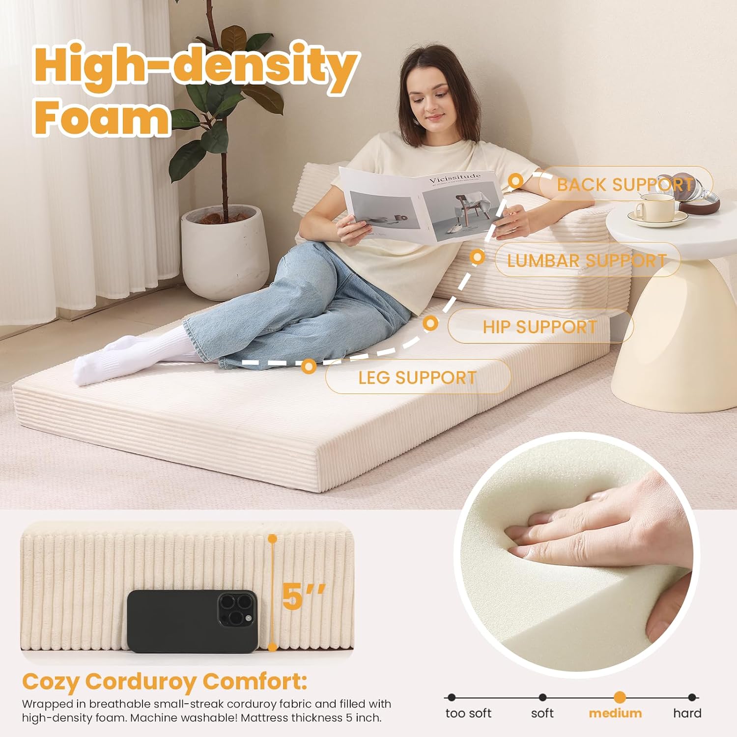 Folding Mattress Full, 3 in 1 Convertible Sofa Bed Foldable Couch Bed Floor Couch Lounge Sleeper Mattress for Living Room, Guest Room