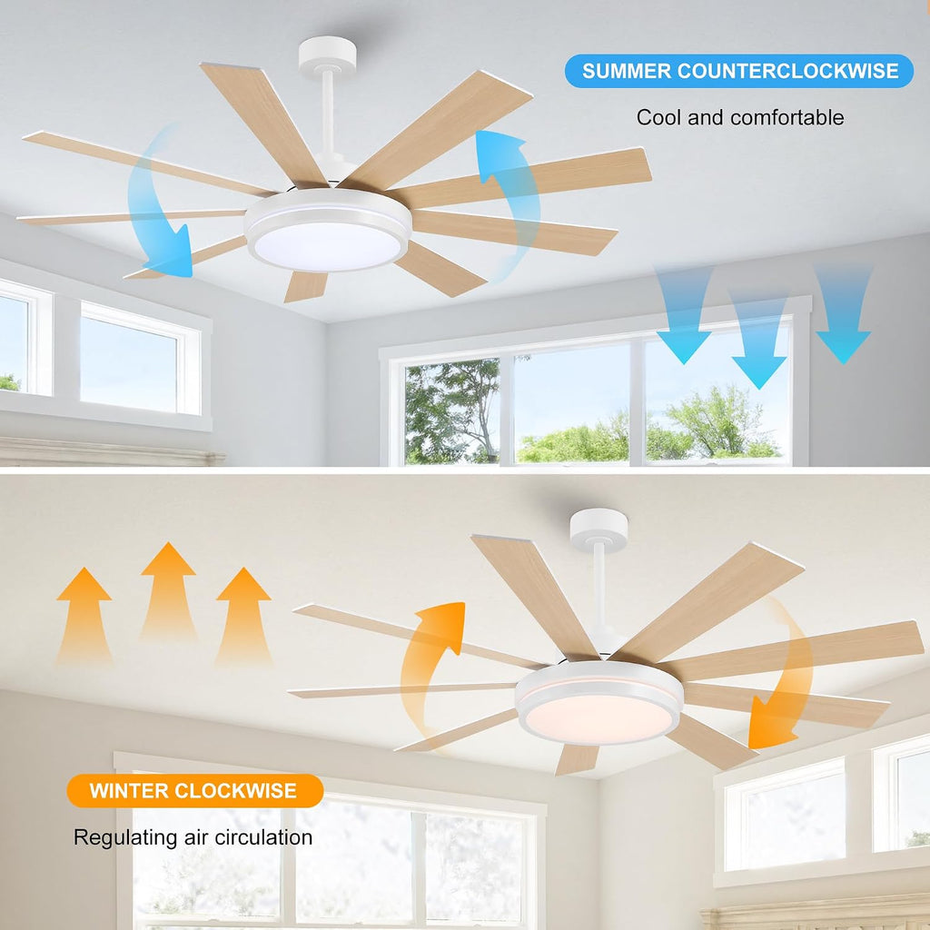 WINGBO 60' Ceiling Fan with Light - Large LED Dimmable Light, 6-Speed Remote Control, Reversible DC Motor, Modern Ceiling Fan 9 Blades for Bedroom, Living Room, Indoor Outdoor White and Oak