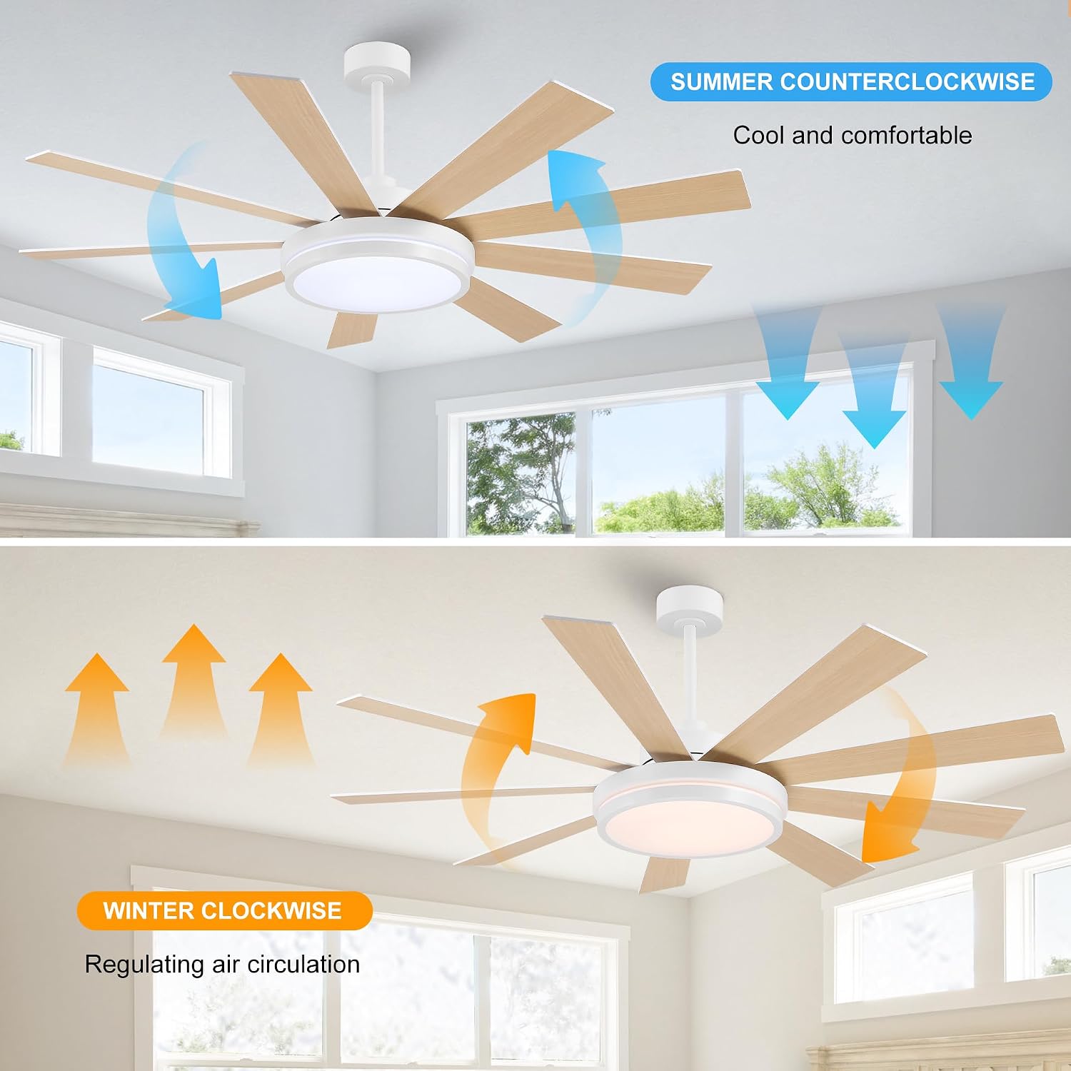 WINGBO 60' Ceiling Fan with Light - Large LED Dimmable Light, 6-Speed Remote Control, Reversible DC Motor, Modern Ceiling Fan 9 Blades for Bedroom, Living Room, Indoor Outdoor White and Oak