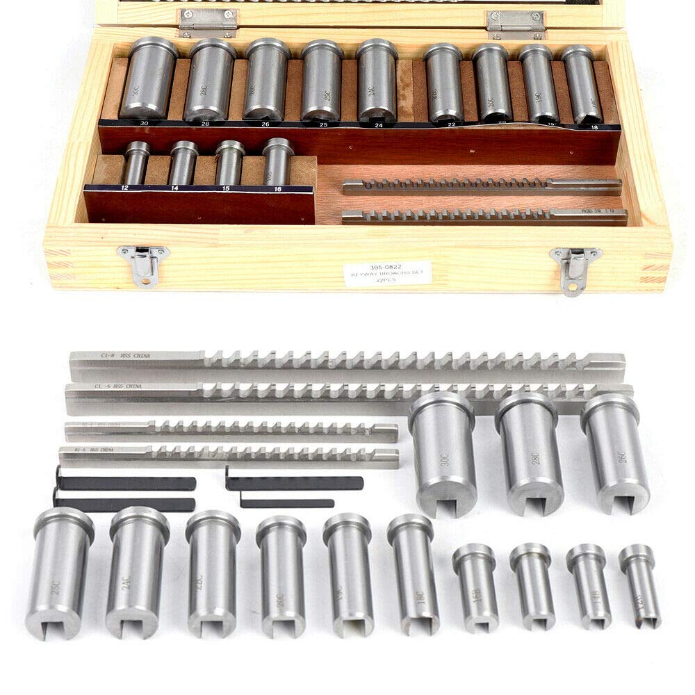 TFCFL 22pcs Keyway Broach Kit Metric Size Metalworking Tool Lathe Collared Bushing Shim Set Metric Size Metalworking Tool Set 12-30 HSS for CNC Router