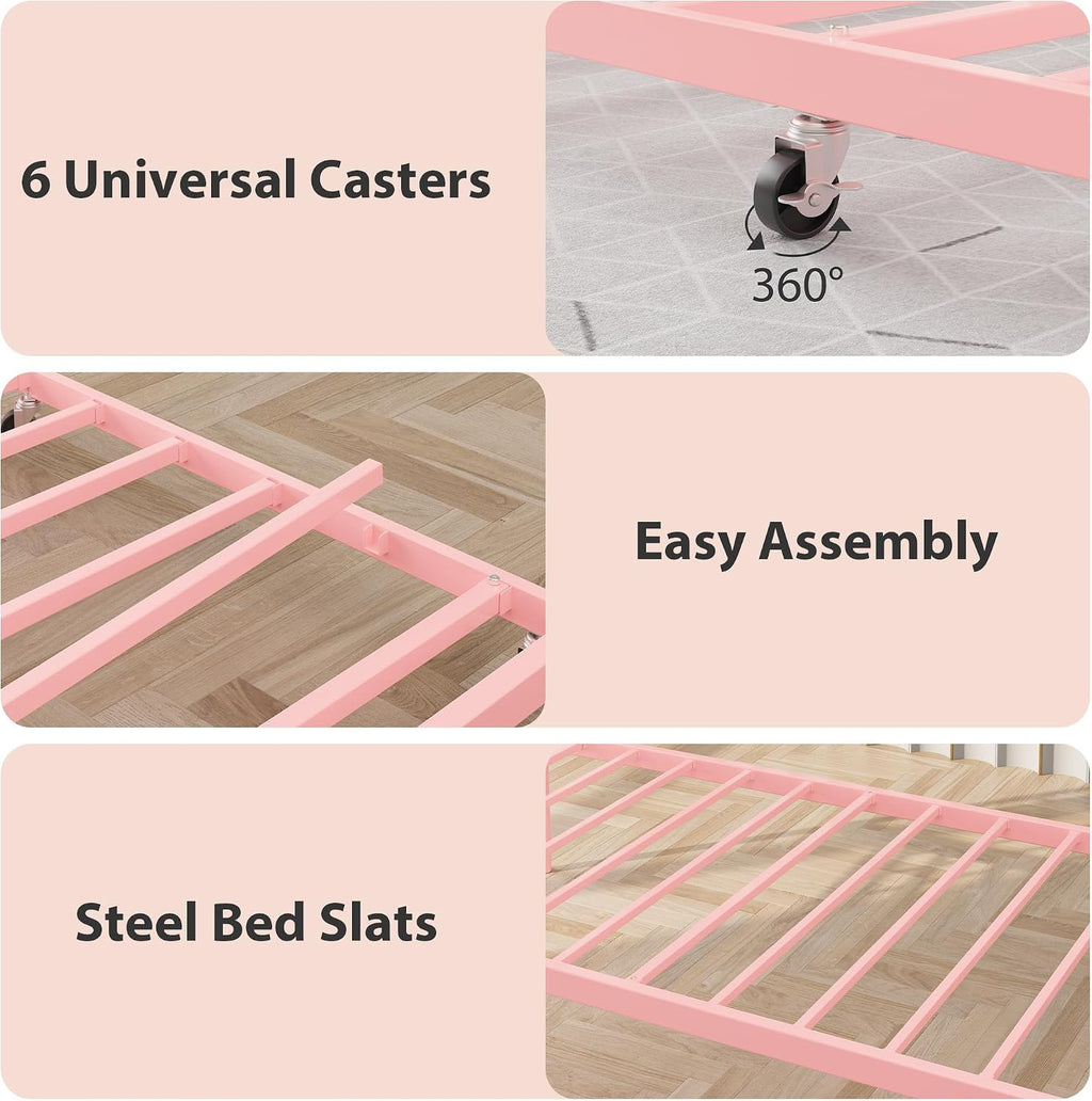 GarveeHome Twin Daybed with Trundle, Metal Sofa Bed Frame with Steel Slat Support, for Living Room, Bedroom, Love Heart Design, No Box Spring Needed, Pink
