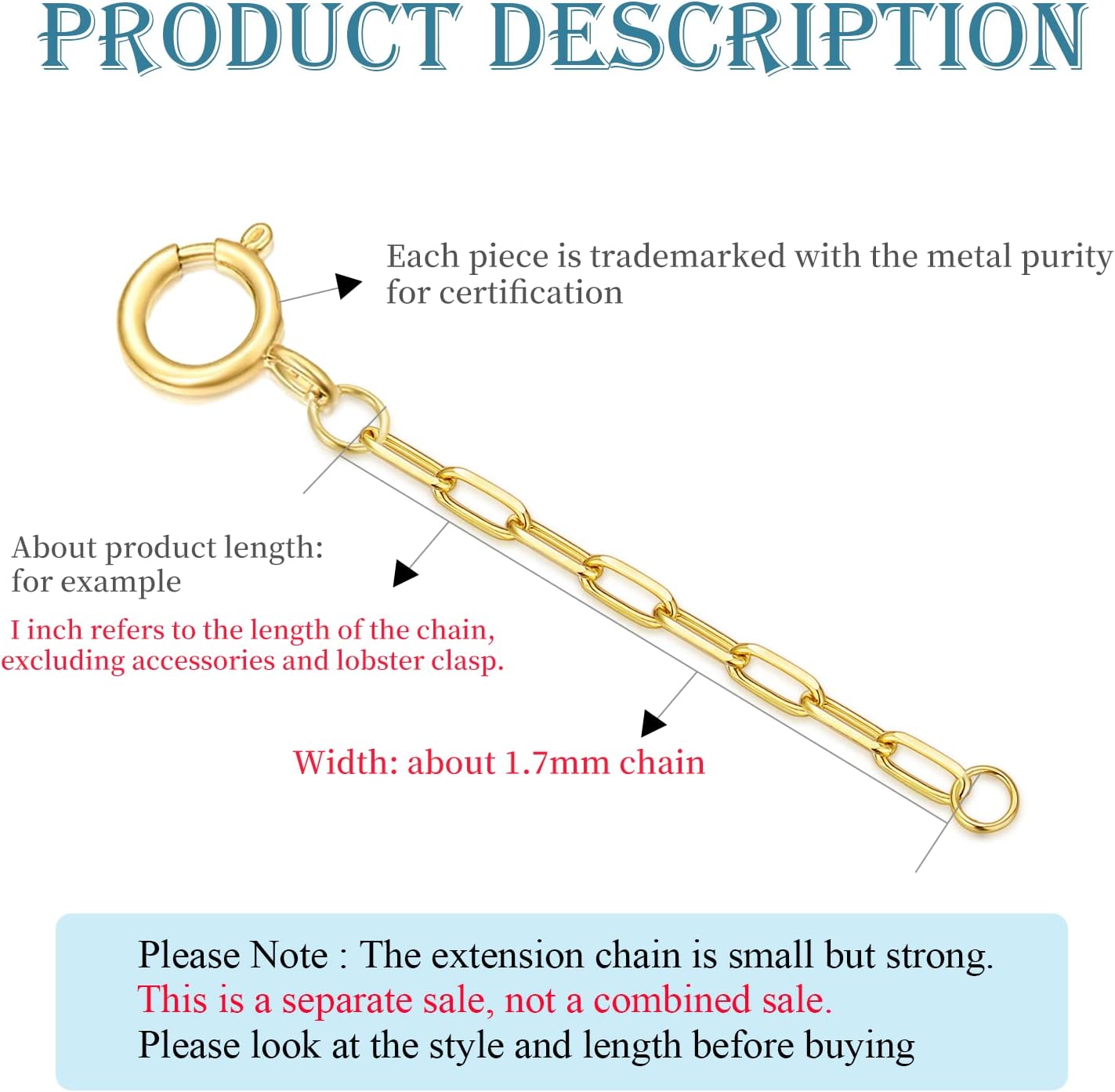 10k Real Gold 1'/1.5'/2'/3'/4' Necklace Extender Chain, Durable Strong Removable Gold Chain Extender, 10k Gold Adjustable Extension Chain for Necklace Bracelet Anklet