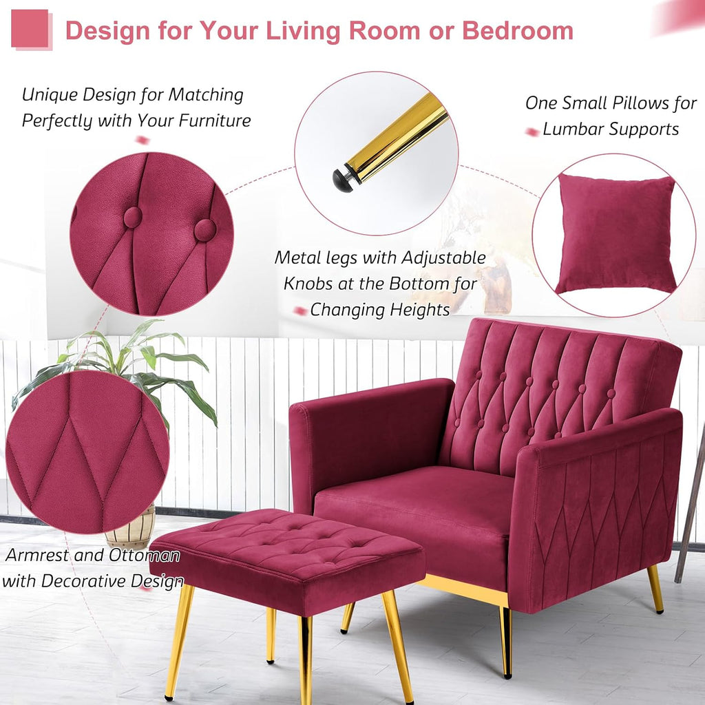 Velvet Accent Chair with Adjustable Armrests and Backrest, Button Tufted Lounge Chair, Single Recliner Armchair with Ottoman and Pillow for Living Room, Bedroom, Fuchsia