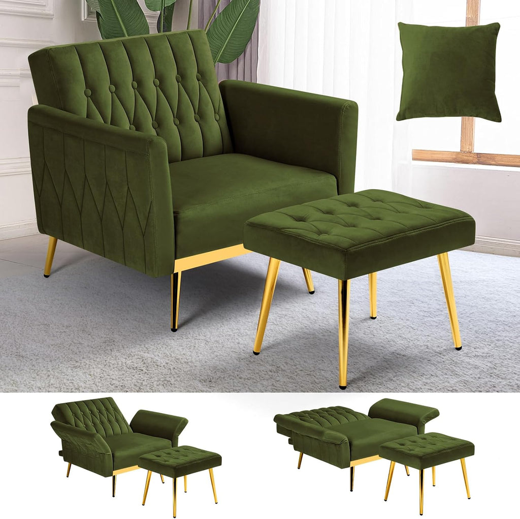 Velvet Accent Chair w/Adjustable Armrests and Backrest, Button Tufted Lounge Chair, Single Recliner Armchair with Ottoman and a Pillow for Living Room, Bedroom,Olive Green
