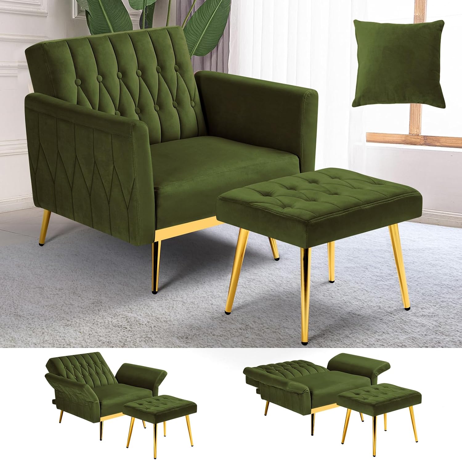 Velvet Accent Chair w/Adjustable Armrests and Backrest, Button Tufted Lounge Chair, Single Recliner Armchair with Ottoman and a Pillow for Living Room, Bedroom,Olive Green