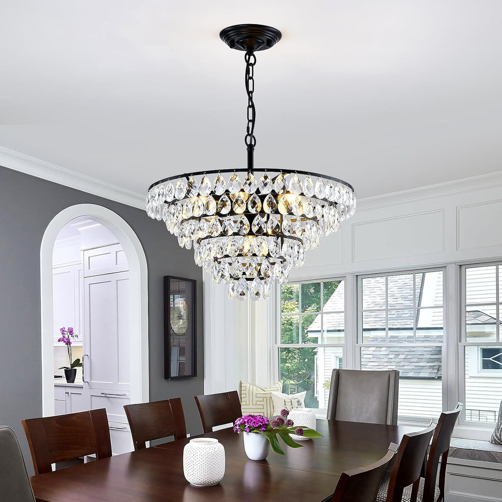 YYJLX Modern Crystal Chandelier 7 Light 20' Raindrop Black Ceiling Chandelier Adjustable Hanging Light Fixture for Dining Room Foyer Entryway Staircase Living Room