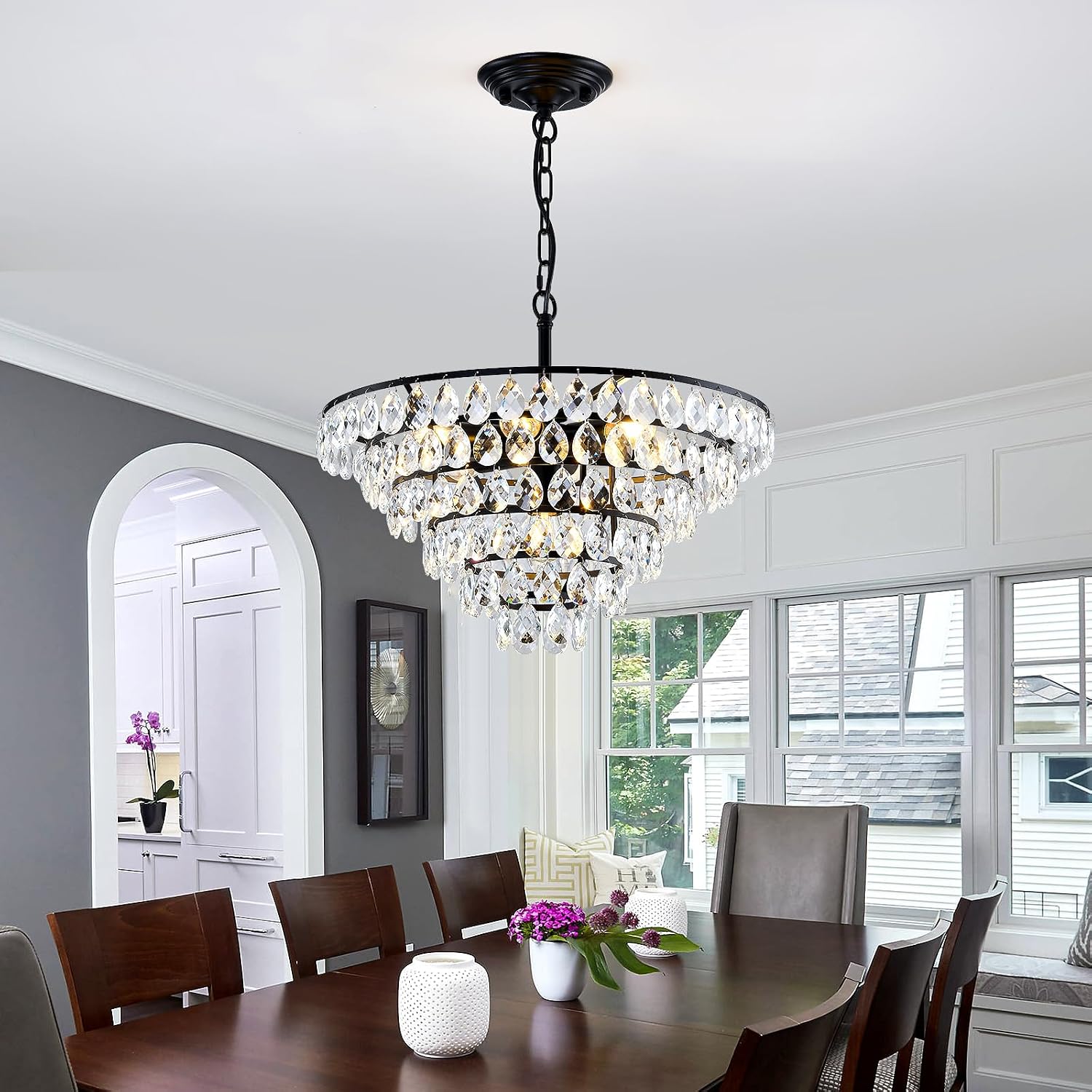 YYJLX Modern Crystal Chandelier 7 Light 20' Raindrop Black Ceiling Chandelier Adjustable Hanging Light Fixture for Dining Room Foyer Entryway Staircase Living Room