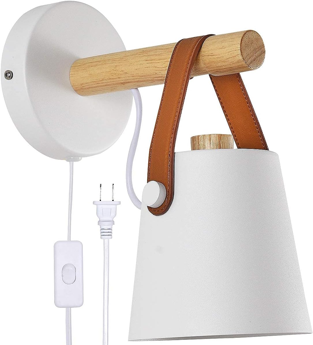 Wall Lamps for Bedroom White Plug in Wall Sconces Indoor Wall Lighting fixtures Industrial E26 lamp Holder with Wooden and Leather lamp Wall for Nightstand Vanity Mirror or Farmhouse Aisle Corridor
