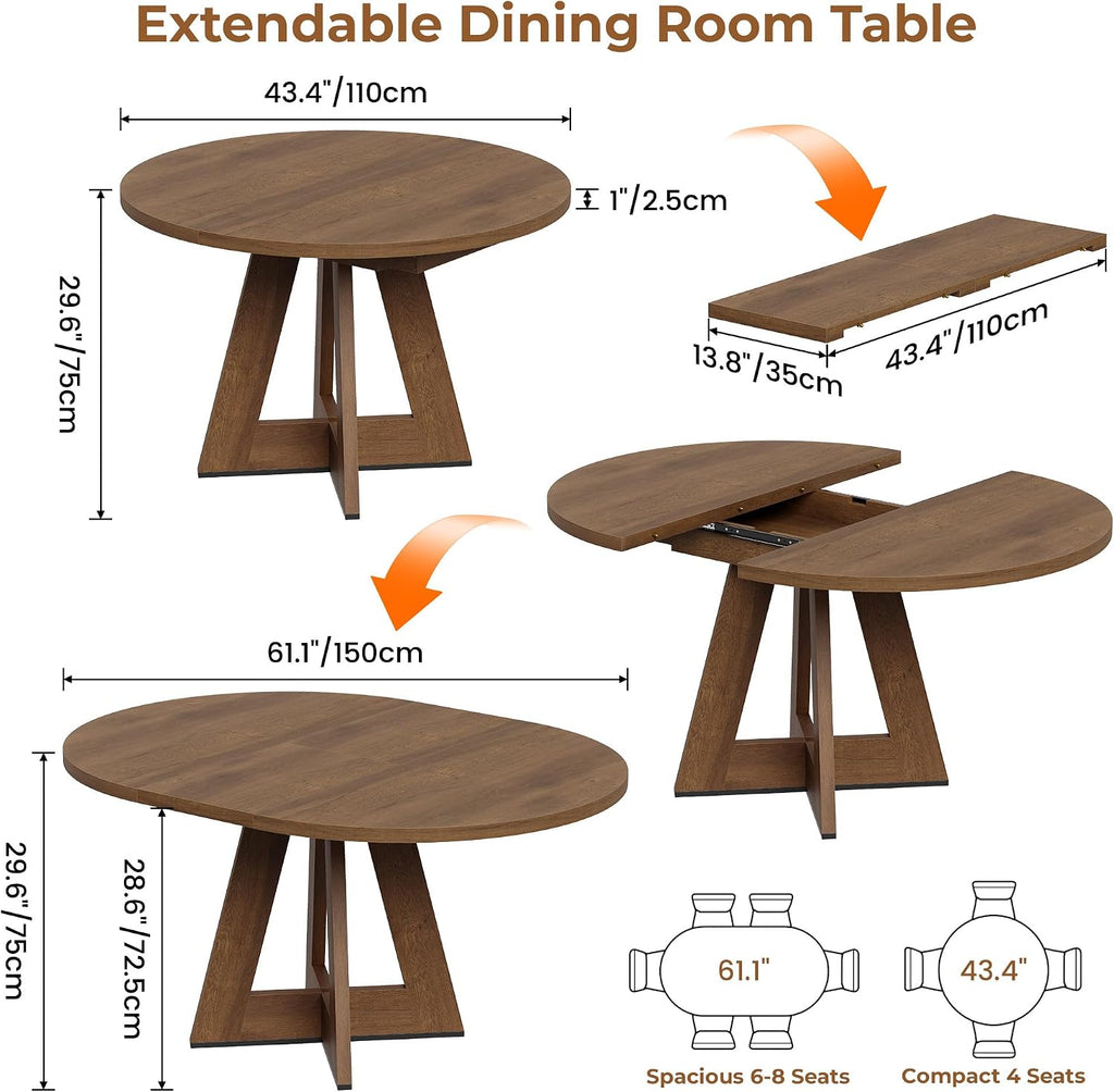 Extendable Round Dining Table for 4-8,Modern Kitchen Oval Dining Table with Removable Leaves Space Saving,Wood Base for Kitchen Living Room (Walnut)