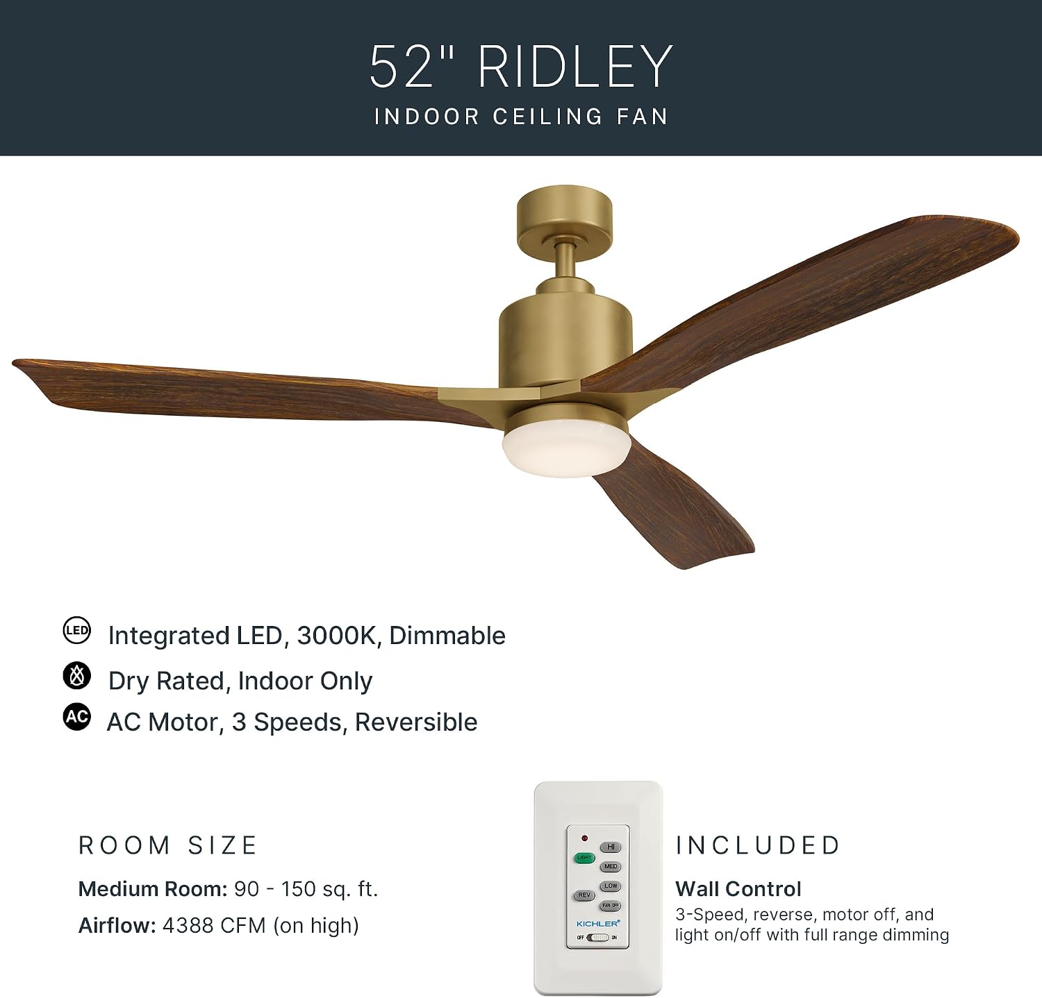 Kichler Ridley II 52' Ceiling Fan and Light Kit in Natural Brass, 3-Blade LED Ceiling Fan in Cherry Finish, 3000K, (52' W x 14.5' H), 300027NBR