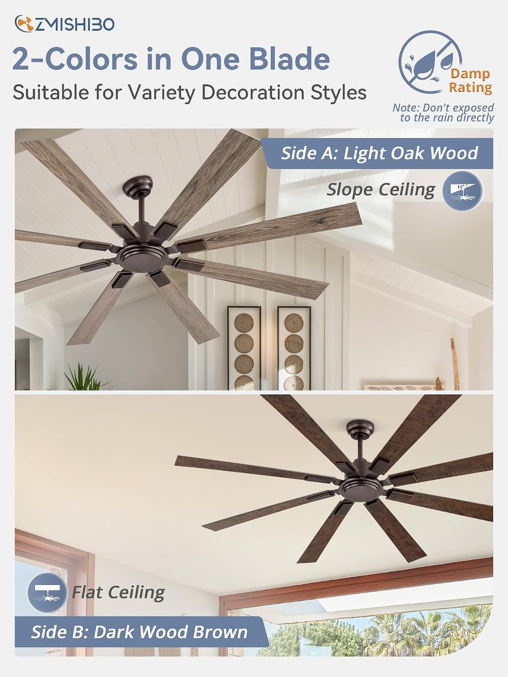 ZMISHIBO 72 Inch Oil Rubbed Bronze Ceiling Fans No Light with Remote, Indoor/Outdoor Farmhouse Ceiling Fan Without Light for Living Room Patio, 6 Speed Reversible Quiet DC Motor, Dual Finish Blades