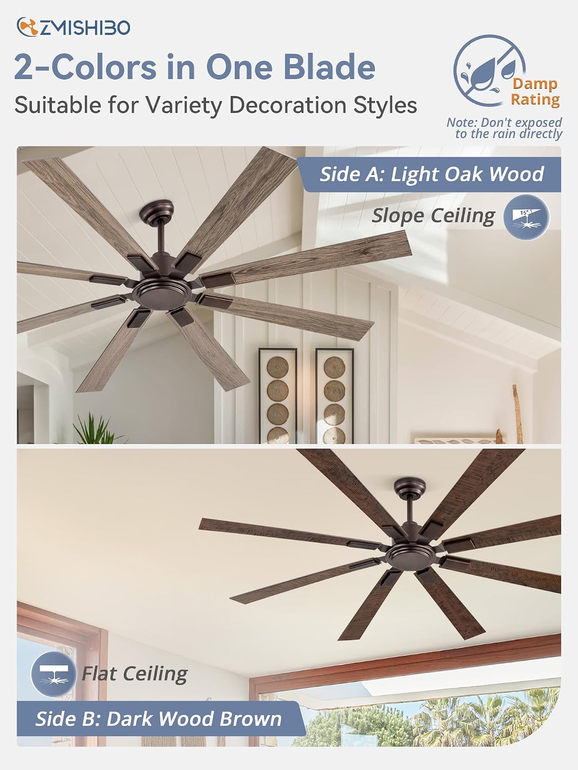 ZMISHIBO 72 Inch Oil Rubbed Bronze Ceiling Fans No Light with Remote, Indoor/Outdoor Farmhouse Ceiling Fan Without Light for Living Room Patio, 6 Speed Reversible Quiet DC Motor, Dual Finish Blades