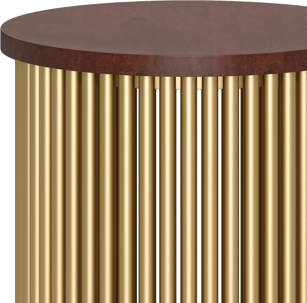 SIMPLIHOME Demy Metal and Wood Accent Table - 18 inch Wide Solid Metal Round End Table in Cognac and Gold, Contemporary Side Table or Coffee Table for Living Room with Compact Design, Assembled