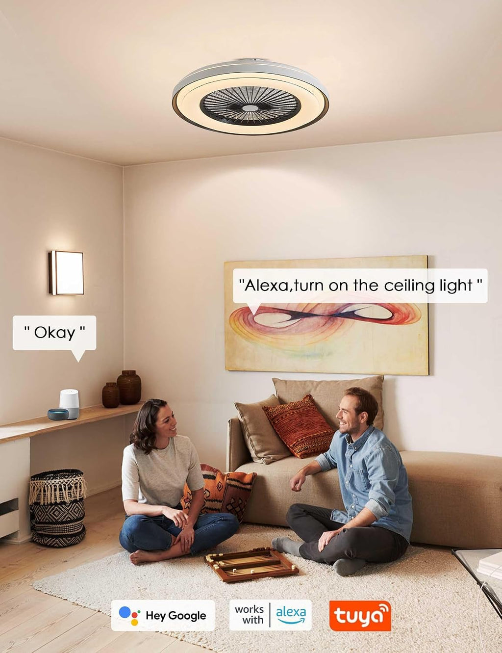 Dawn Whisper 24'' Ceiling Fan with Light Fandelier Flush Mount Low Profile Smart RGB Ceiling Fan with Dimmable LED Light for Kids Bedroom Black 3 Color 6 Speeds