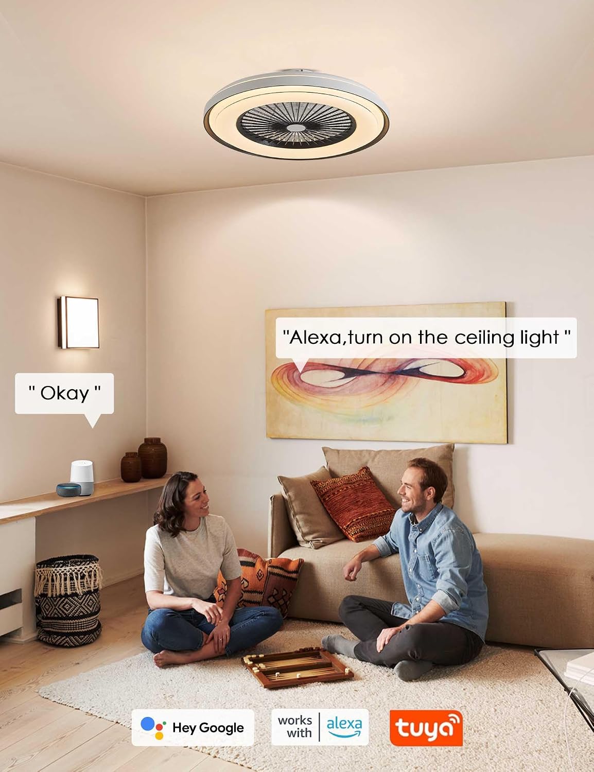 Dawn Whisper 24'' Ceiling Fan with Light Fandelier Flush Mount Low Profile Smart RGB Ceiling Fan with Dimmable LED Light for Kids Bedroom Black 3 Color 6 Speeds