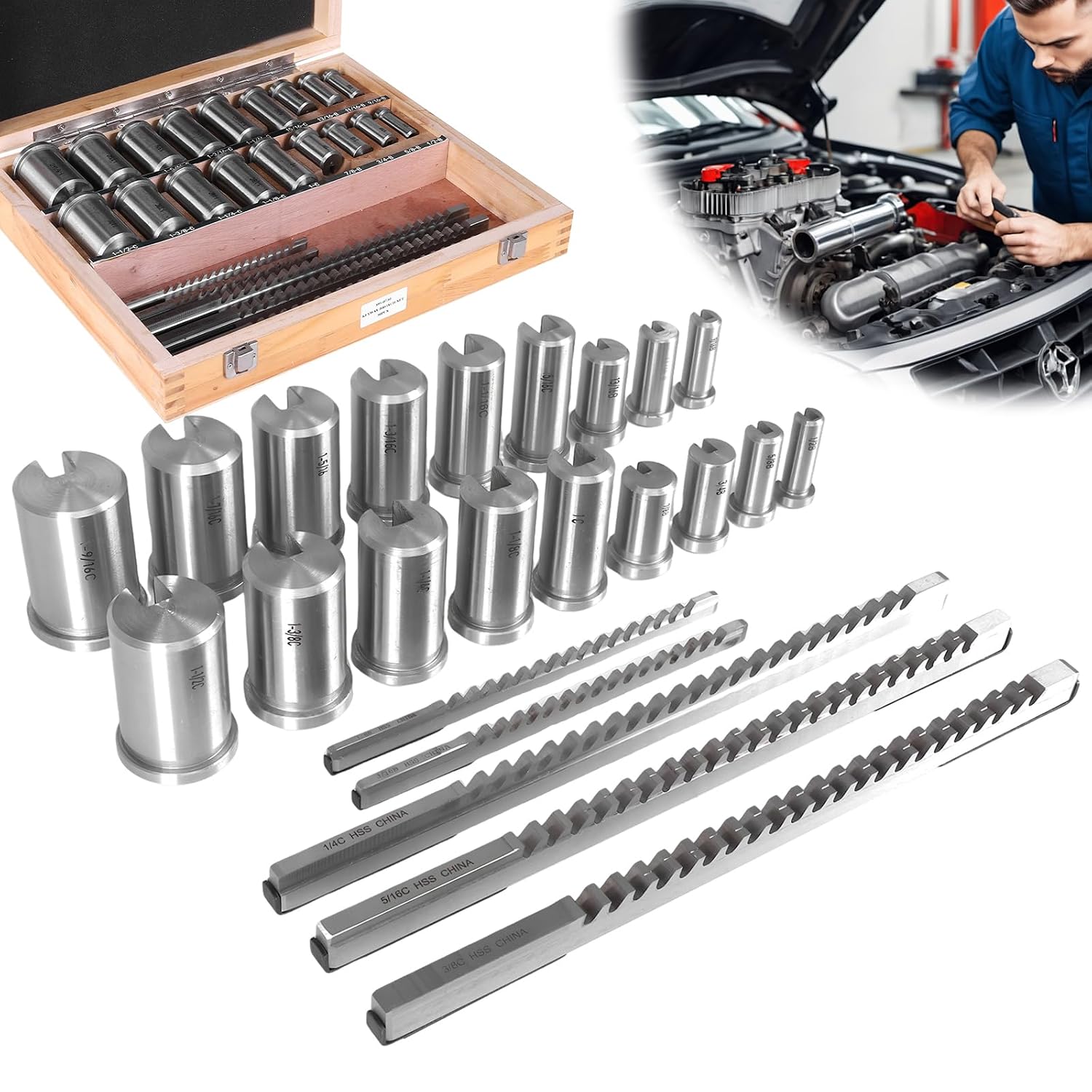 30pcs Keyway Broach Kit, Rectangular Spline Broaching Set with 5 Broaches 18 Bushings 7 Shims, HSS Inch Industrial Tools for Metalworking and Manufacturing