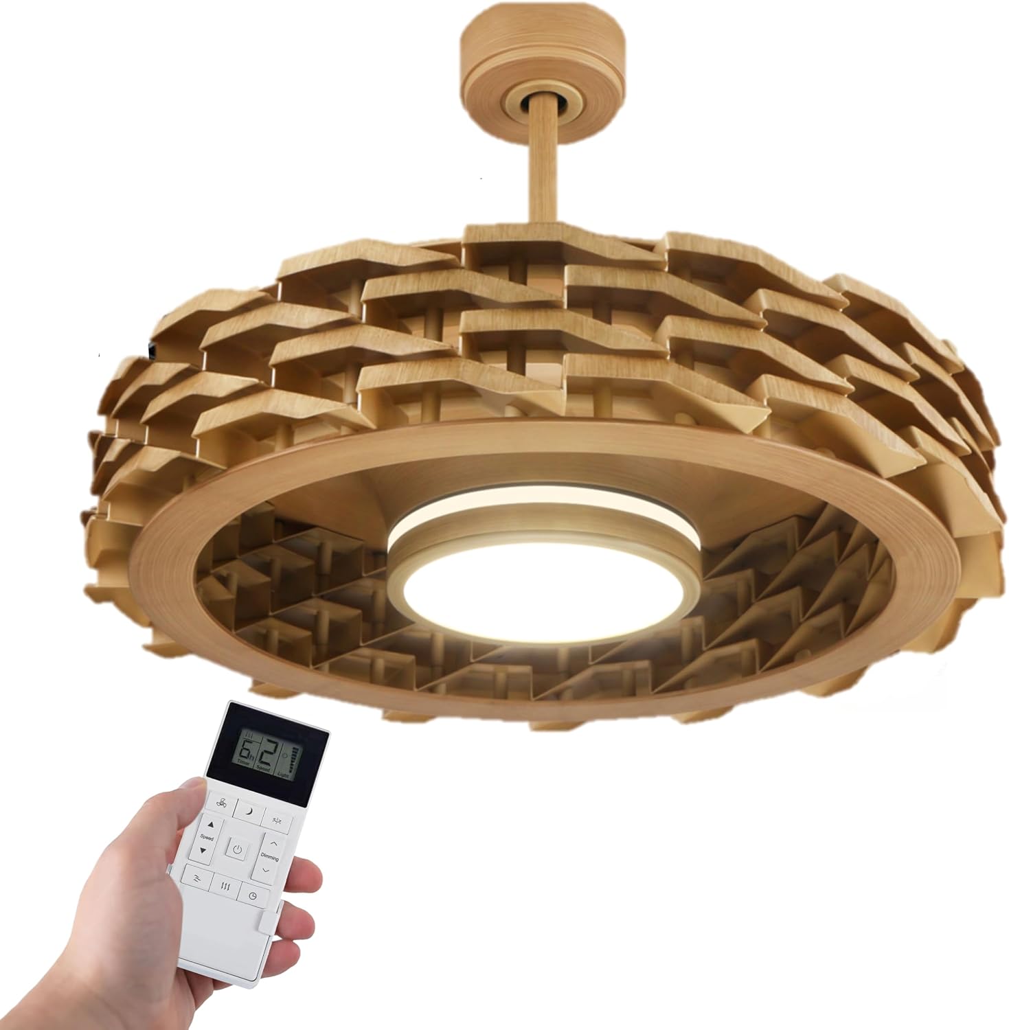 Bladeless Ceiling Fan with Lights & Remote – LUMIO 28' Low-Profile Downrod or Flush Mount Ceiling Fan with Lights for Bedroom & More – Dimmable LED, Night Light & Wi-Fi Connect, Faux Wood