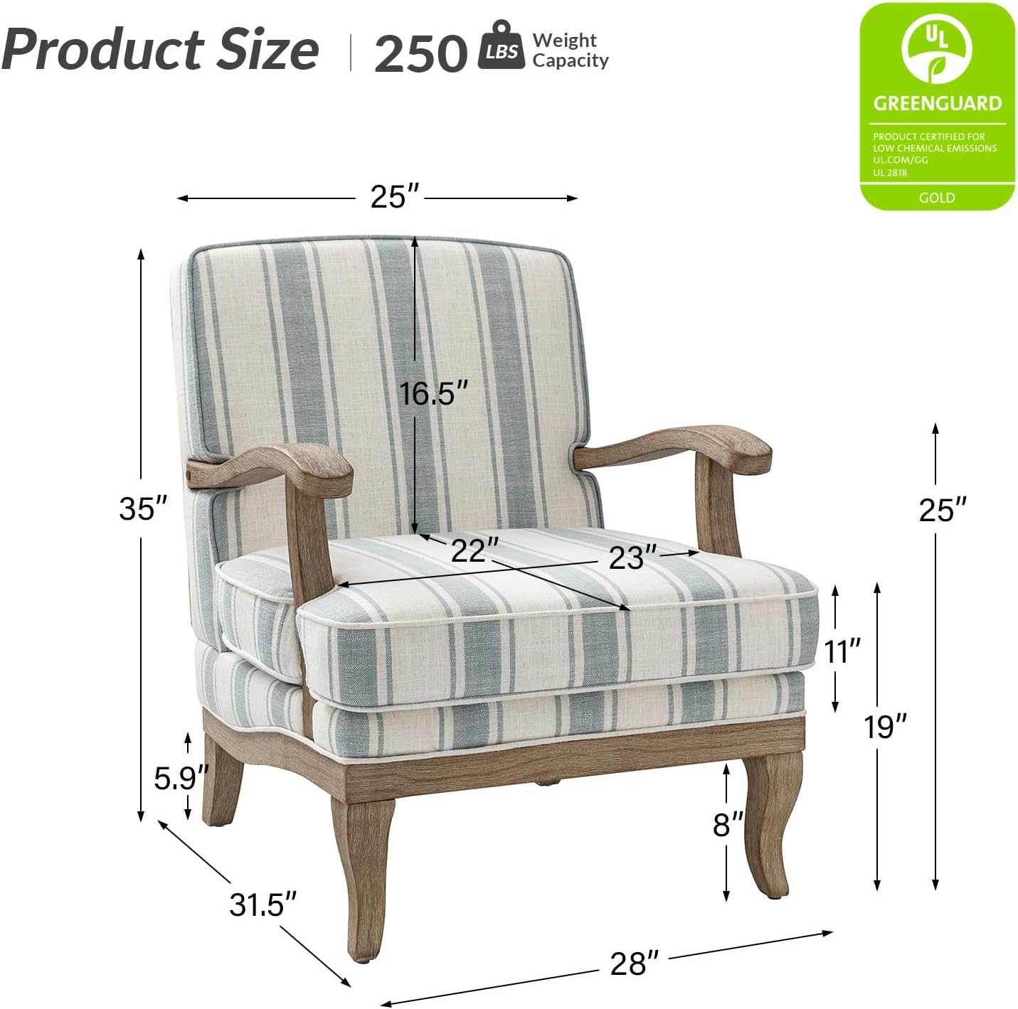 HULALA HOME Mid-Century Modern Chair Set of 2, Upholstered Accent Chair with Graceful Curves and Wooden Legs, Comfy Lounge Armchair Striped Accent Chairs for Living Room, Bedroom (Blue)