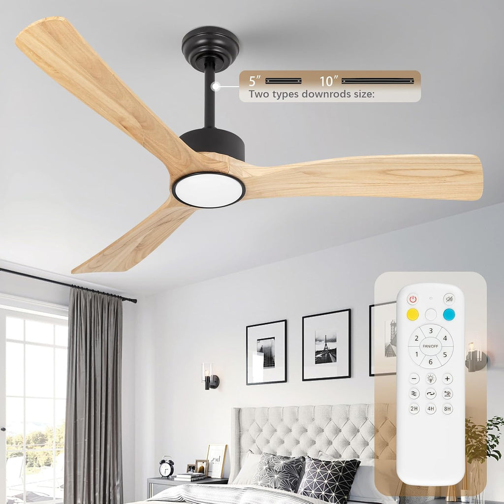 52inch Ceiling Fan with Lights,Downroad Ceiling Fans with Remote Control,3 Wooden Blades,Dimmable Light,6 Speeds,Noiseless,Ceiling Fan for Bedroom,Living Room,Office,Indoor,Natural Wood Grain