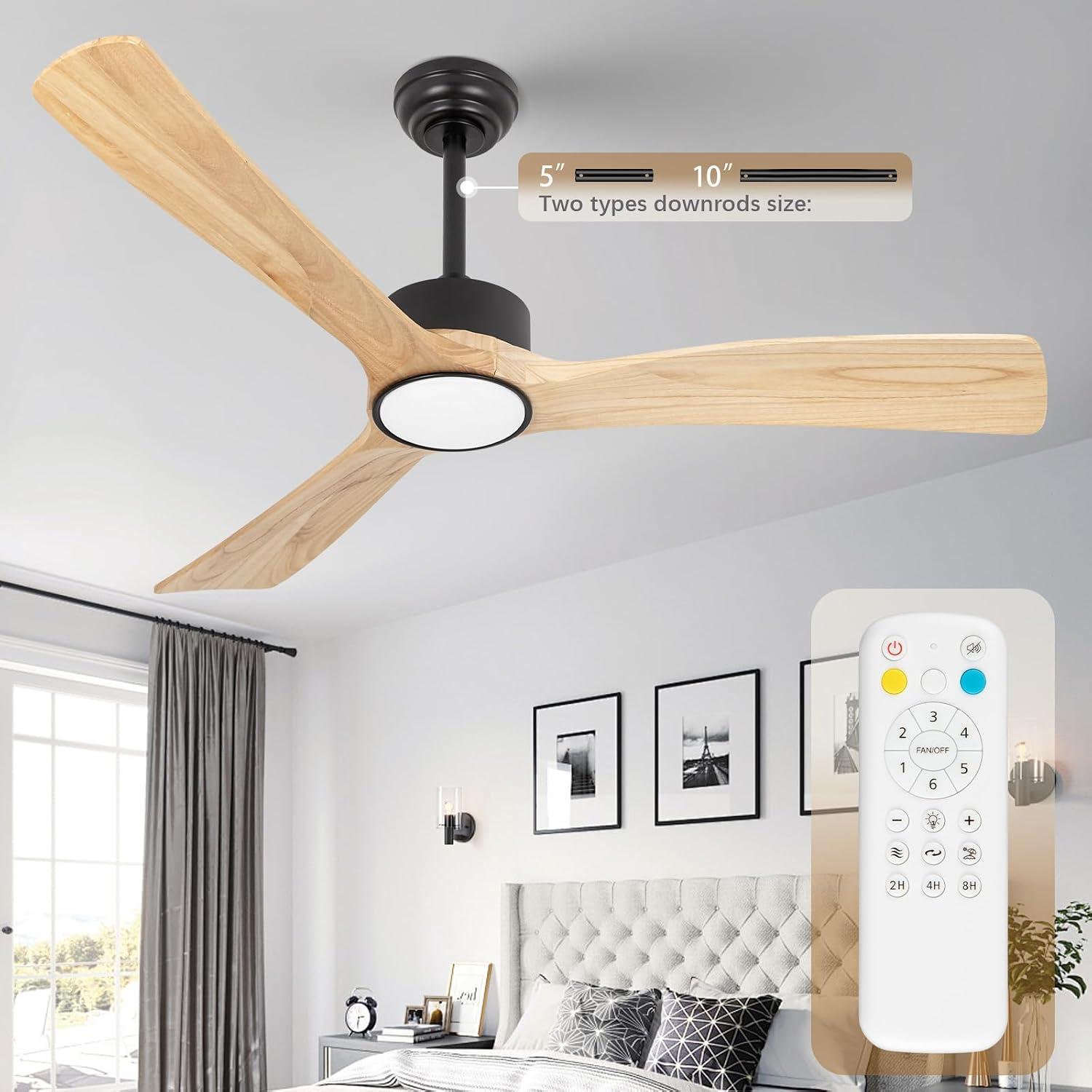 52inch Ceiling Fan with Lights,Downroad Ceiling Fans with Remote Control,3 Wooden Blades,Dimmable Light,6 Speeds,Noiseless,Ceiling Fan for Bedroom,Living Room,Office,Indoor,Natural Wood Grain