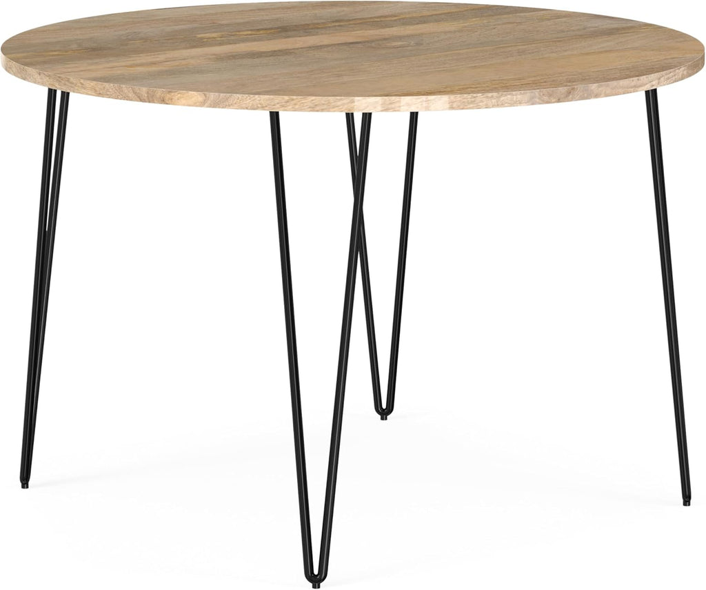 SIMPLIHOME Hunter Dining Table - 45 inch Wide Solid Mango Wood Round Table in Natural, Modern Industrial Style for Dining Room or Kitchen with Black Powder-Coated Iron Base and Hairpin Legs, Seats 4