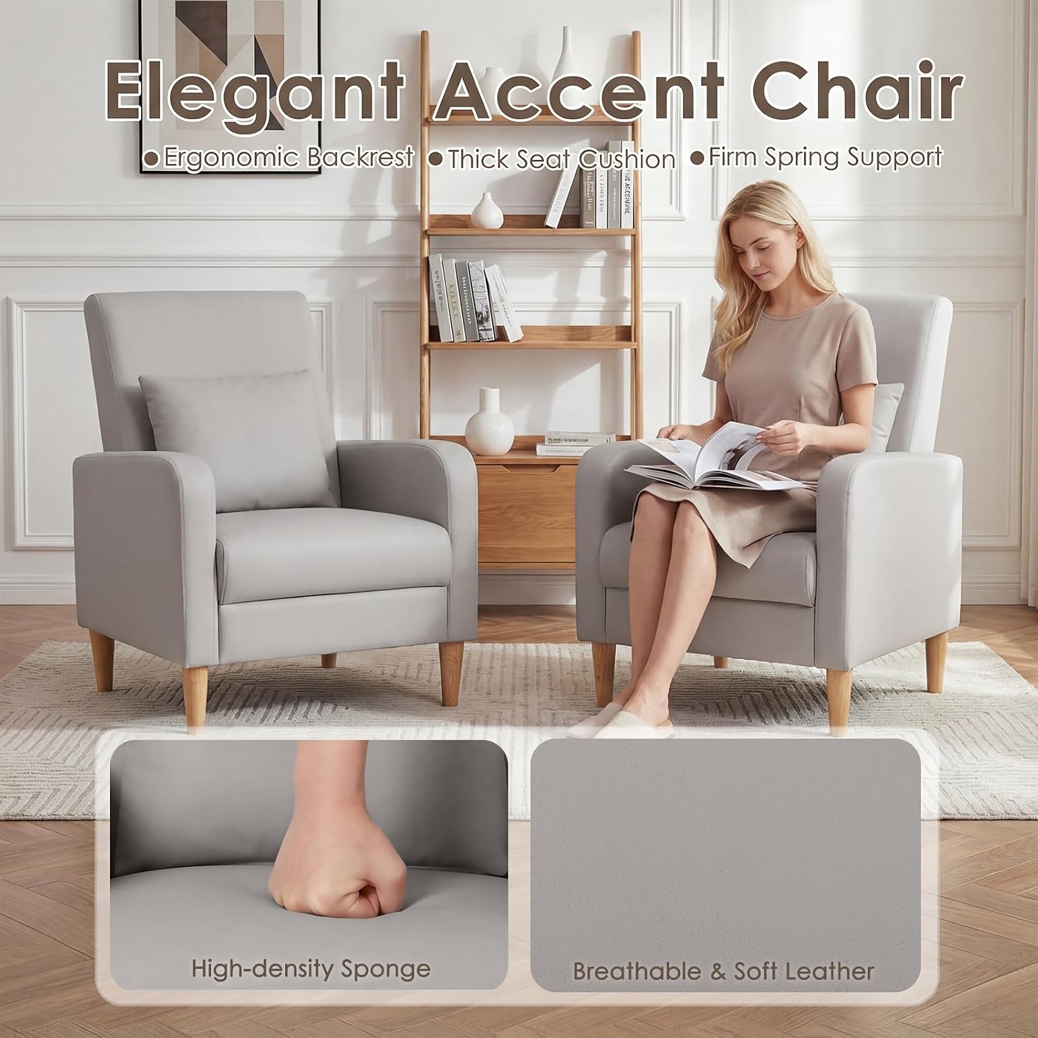 COLAMY Mid-Century Modern Upholstered Accent Chair with Back Pillow & Solid Wood Legs, Leather Cozy Armchair for Living Room, Bedroom, Reading Nook, Apartment & Small Spaces, Lightgrey