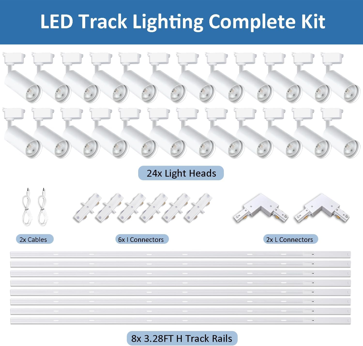 Ultra-Bright H Type White Track Lighting Kit with 26.2 FT Track Rails, 24 Heads 3000K Warm White 20W 2400lm, Dimmable Plug in LED Track Lights for Store, Moblie Cart and Office